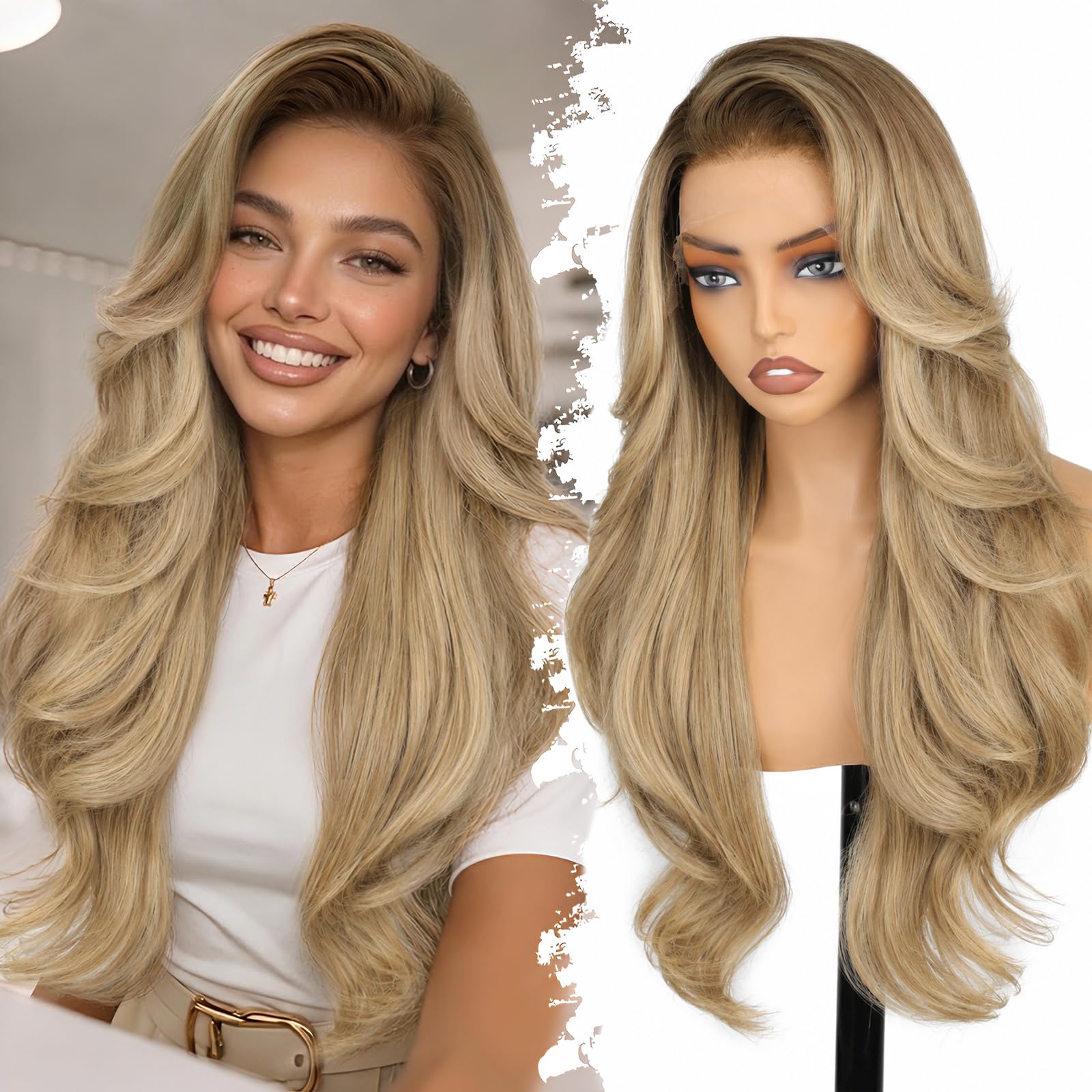 Photo 1 of Eawwii 13x4 HD Lace Front Glueless Wigs for Women Ombre Blonde Long Layered Wave Wig Natural Hairline Heat Resistant Synthetic for Daily Use Beginner Friendly 26 Inch