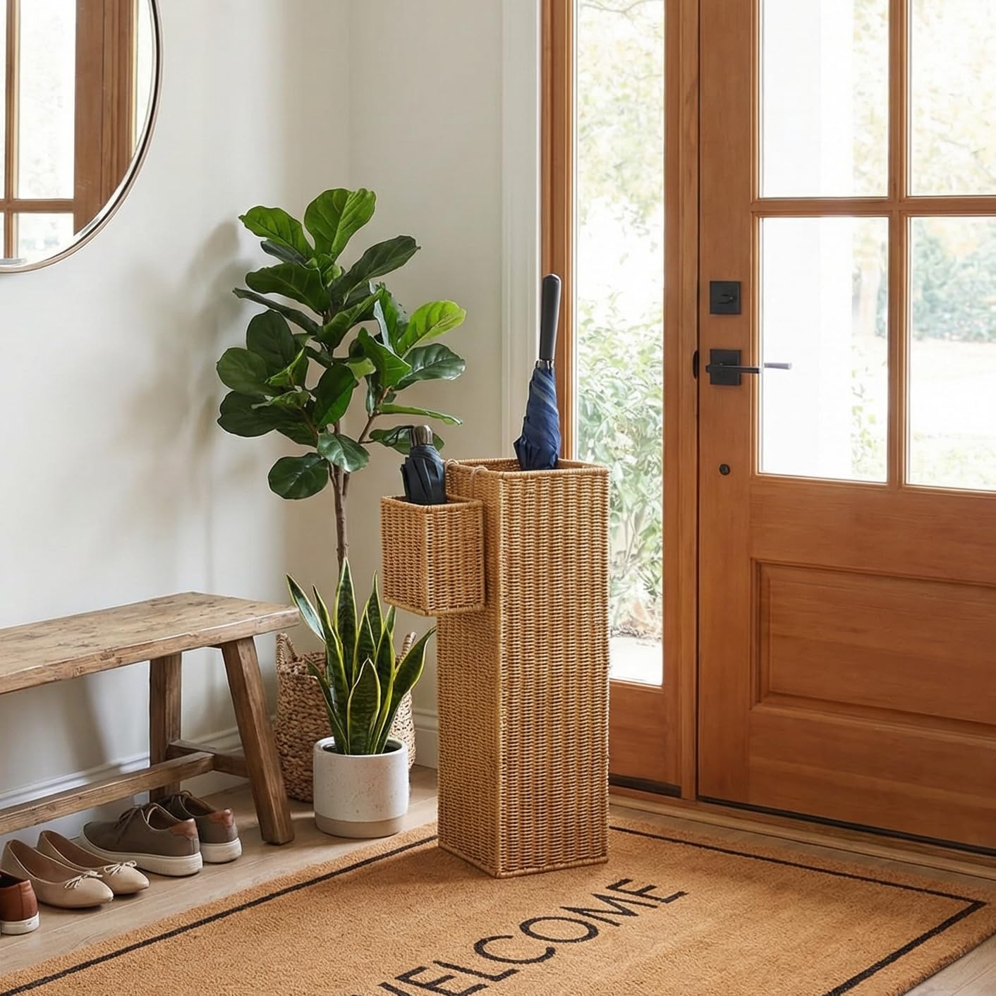 Rattan Umbrella Stand with Small Basket, 22.5''H Umbrella Holder with Drip Tray for Entryway, Tall Wicker Basket for Storage, Woven Organizer for Inoor, Outdoor, Home, Office, Hotel