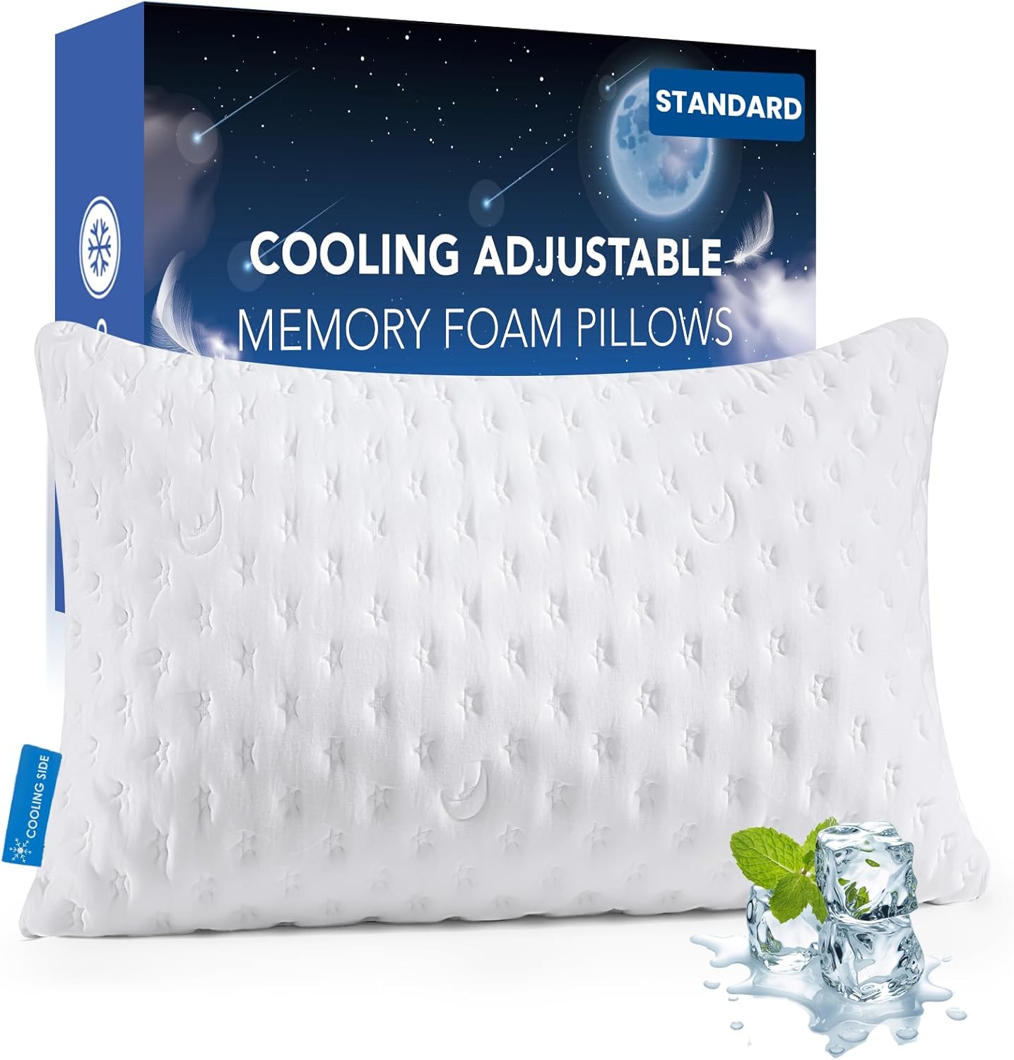 Cooling Side Sleeper Pillow for Neck and Shoulder Pain, Luxury Shredded Memory Foam Cool Bed Pillows for Sleeping Set of 1- Adjustable Standard Size- Washable Cover Original White