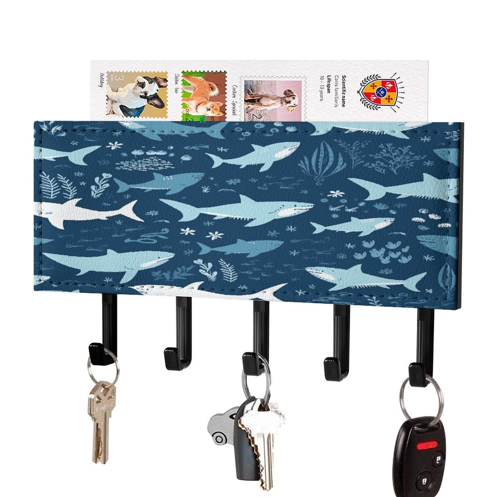 FekiLoot Sharks Key Holder for Wall Decorative Mail Organizer with 5 Key Hook Self Adhesive Key Rack with Tray Coat Rack Wall Mount Key Hanger Decor for Entryway Door