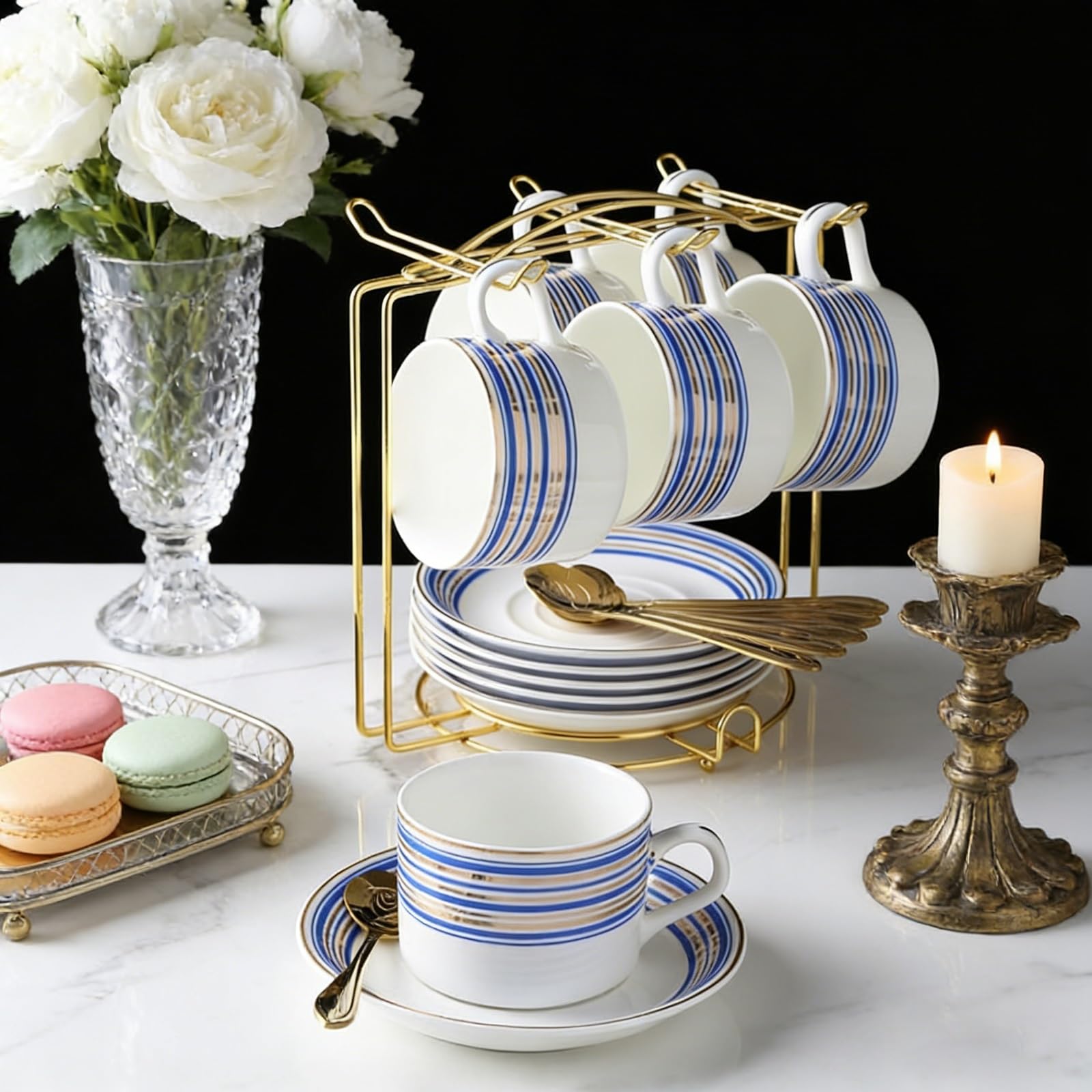 Porcelanowy zestaw 6 filiżanek i spodków do herbaty w kwiaty | Wielokolorowy do podwieczorku: porcelanowy zestaw filiżanek i spodków w kwiaty, 6 szt. 150 ml(Blue)
