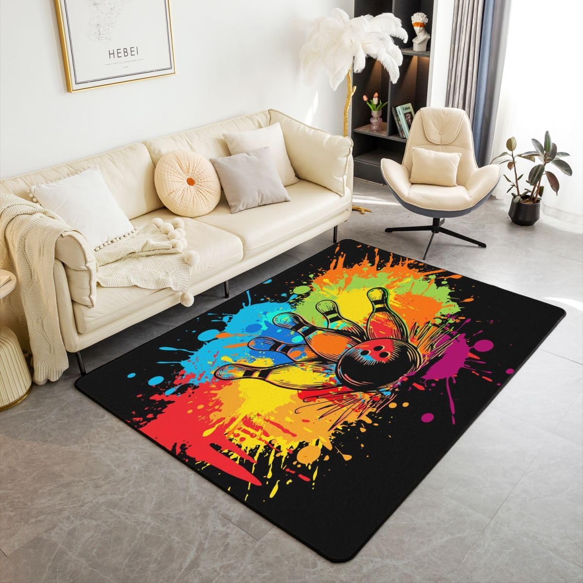 Erosebridal Bowling Area Rug 3x5 Colorful Graffiti Living Room Rug Non Slip Sports Theme Carpet for Bedroom Kitchen Black Bowling Silhouette Indoor Floor Mat Non Slip