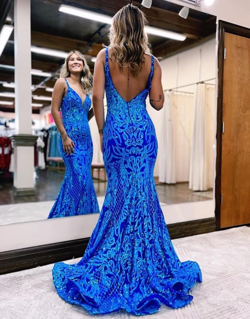 Sparkly Sequin Prom Dresses Long for Teens 2024 V Neck Mermaid Lace Formal Evening Gowns VS055