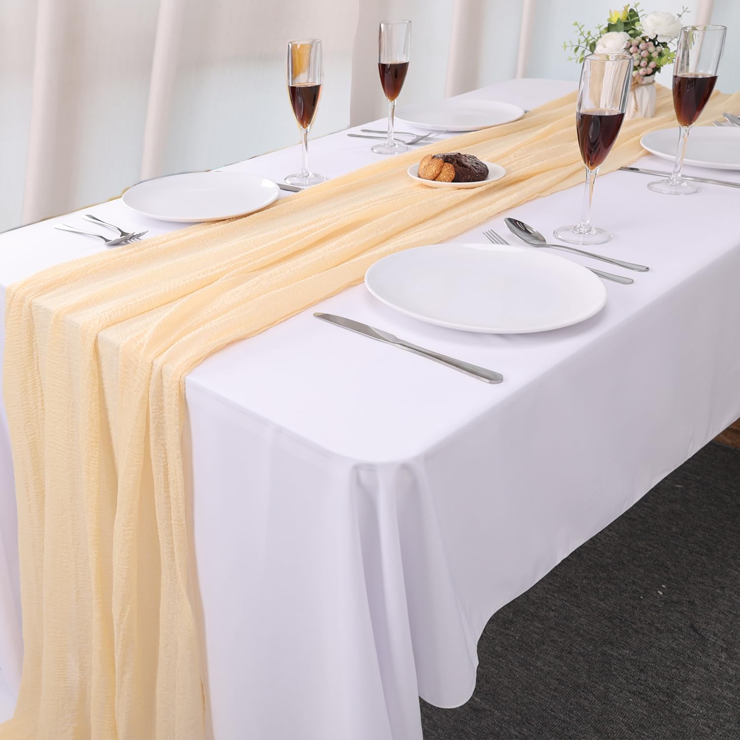 Photo 1 of Beige Cheesecloth Table Runner 35x120 Inches Gauze Rustic Boho Cheese Cloth Table Runners for Engagement Party Baby Shower Centerpiece Decoration Holiday Decorations