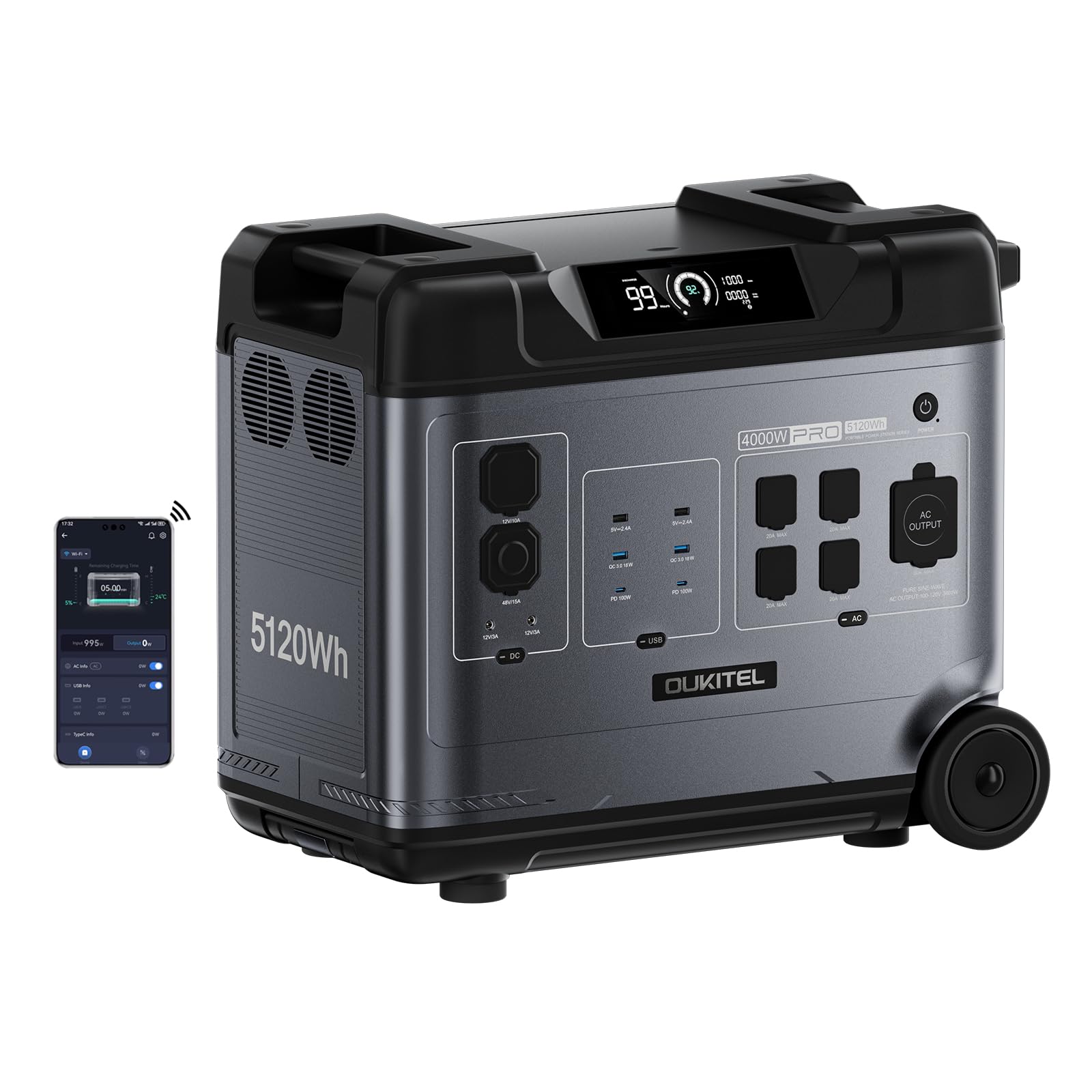 OUKITEL P5000 Pro Centrale Elettrica Portatile 4000W, 5120Wh LiFePO4 Batteria Generatore Solare Con App, Stazione di Alimentazione Ricarica Rapida Elettrico Generatori per Domestico/Campeggio/Camper