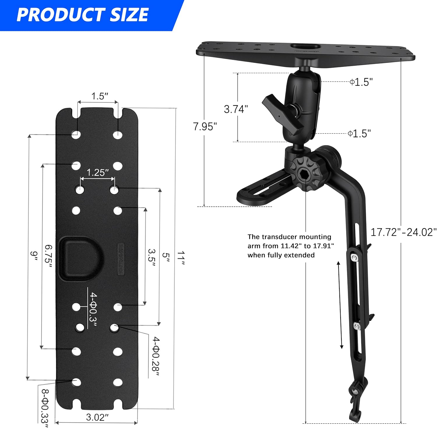 Kayak Fish Finder Mount,1.5" Ball Universal Mounting Plate with Transducer Mounting Arm, Marine Electronic Mount Plate with Low Profile Track, Compatible with Scotty, Lowrance, Garmin