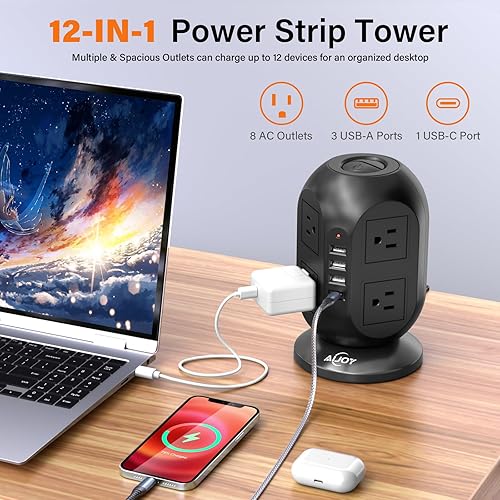 Miniatura 2 de AiJoy Torre de regleta de protección contra sobretensiones con 8 tomas, 4 puertos USB (1 USB-C), cable de extensión plano de 10 pies con múltiples
