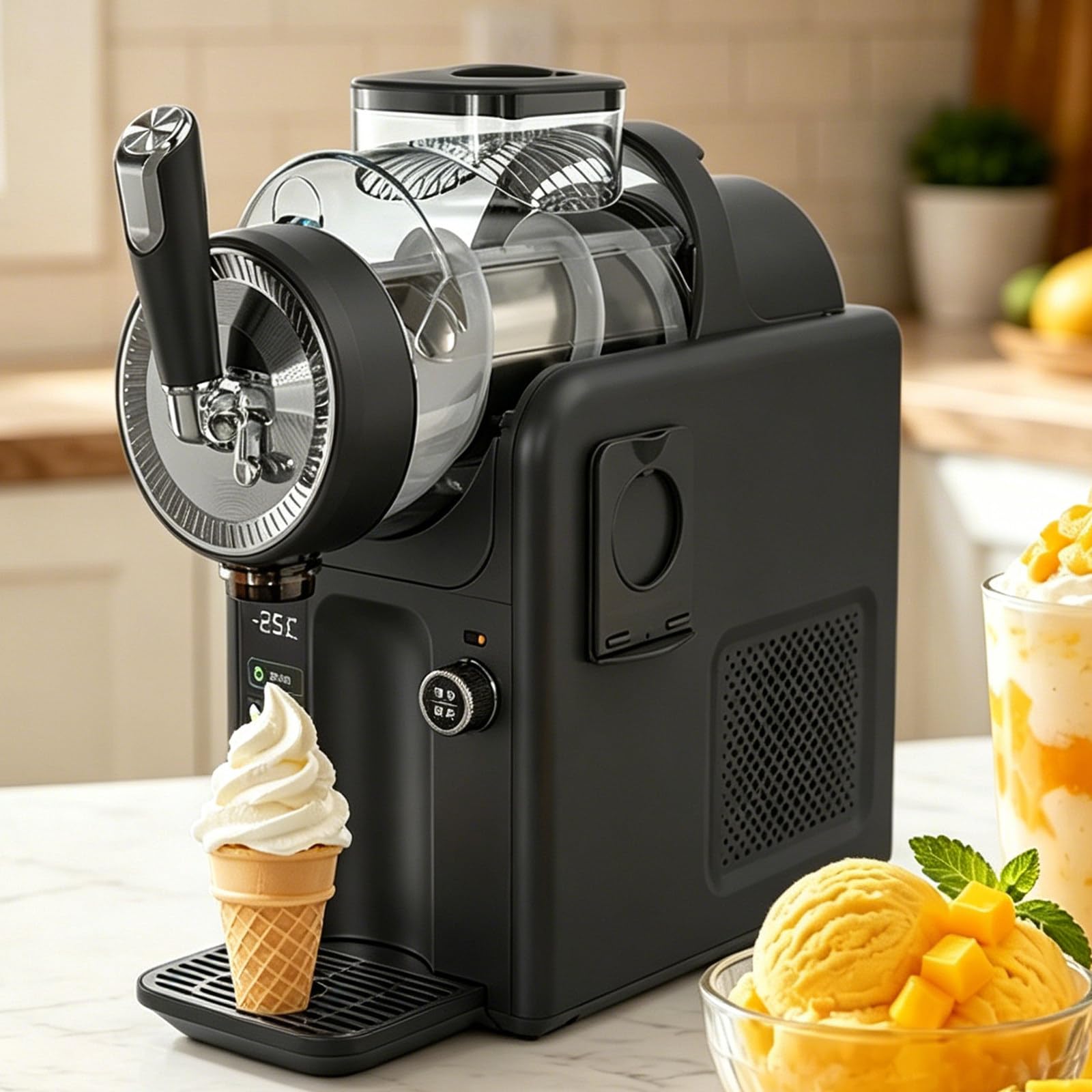 Macchina per Gelato Professionale, Macchina per Gelato Soft con 5 programmi preimpostati, Display a LED e autopulizia, Macchina per Granite da 185 W, per Gelato, frappé Black