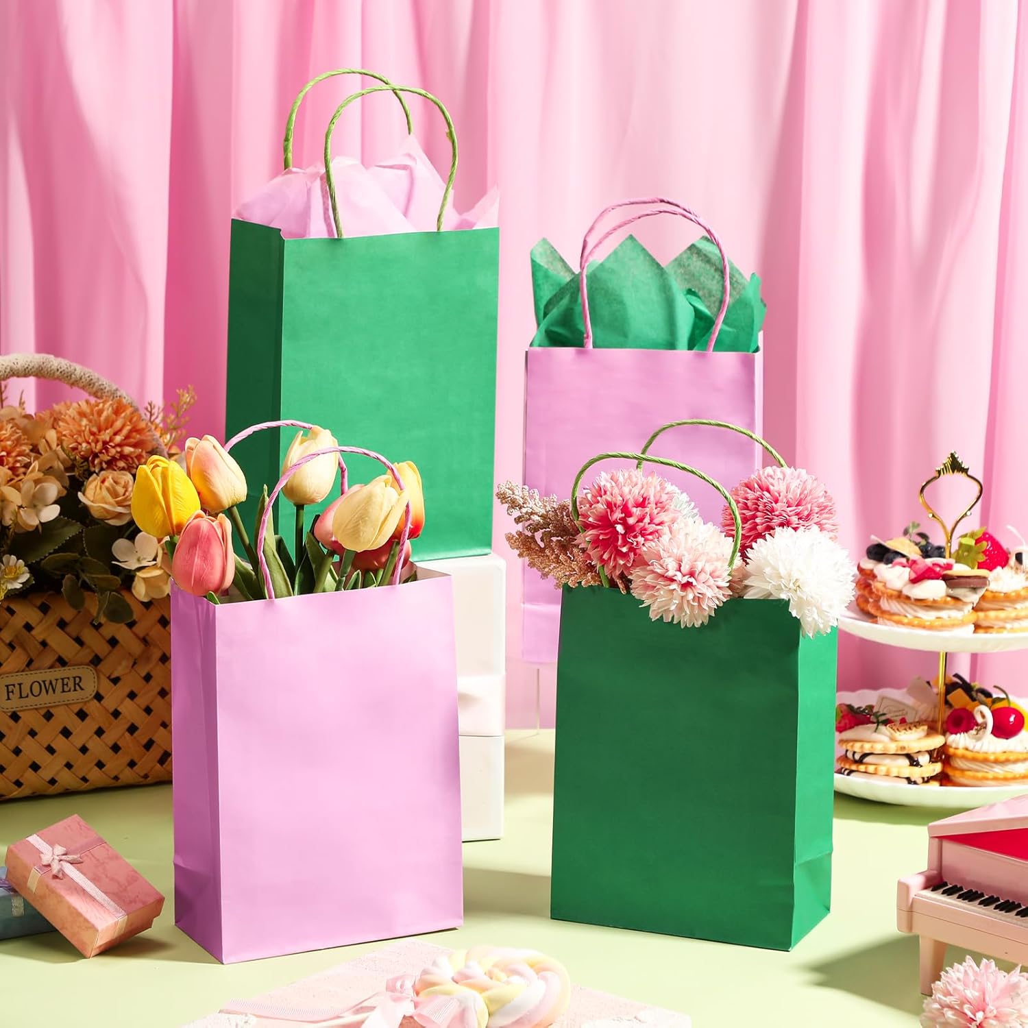 Geyoga 36 Pack Pink and Green Party Decorations Party Gift Bags with Handle Tissue Paper 8.3 x 5.9 x 3.15 Inches Witch and Princes Treat Bags Witch Theme Supplies - Image 4