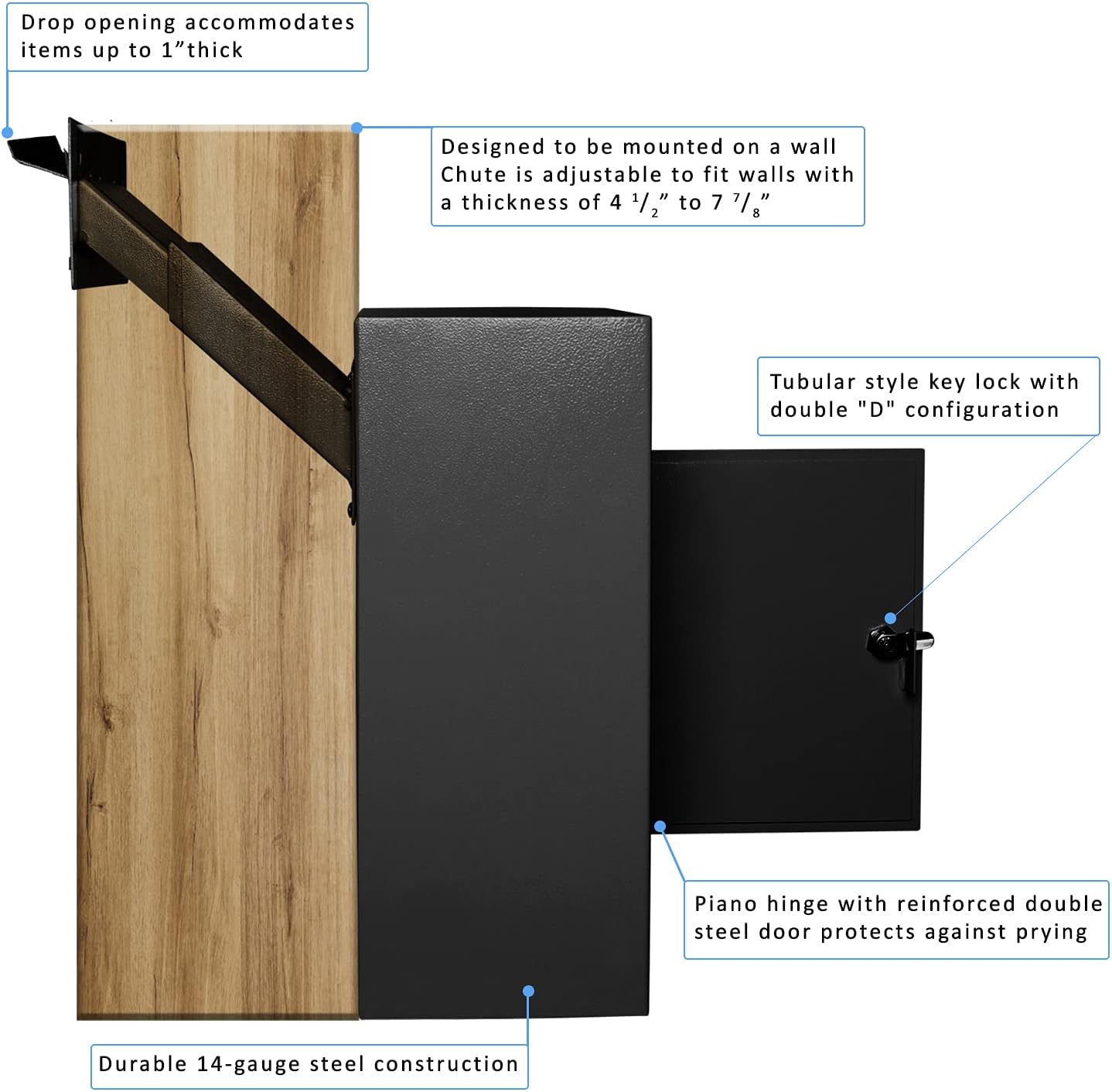 Durabox D700 Through The Wall Drop Box, Tubular Key Locking Secure Mailbox with Adjustable Chute Deposit, Pre-Drilled Mounting Holes - Safe Steel Mail Box (Black)