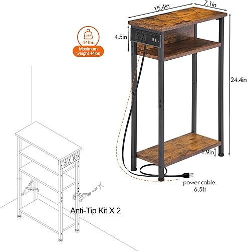 Miniatura 7 de AMHANCIBLE Juego de 2 mesitas de noche, mesas auxiliares pequeñas, sala de estar con cajón, mesa auxiliar estrecha con estación de carga, mesa de