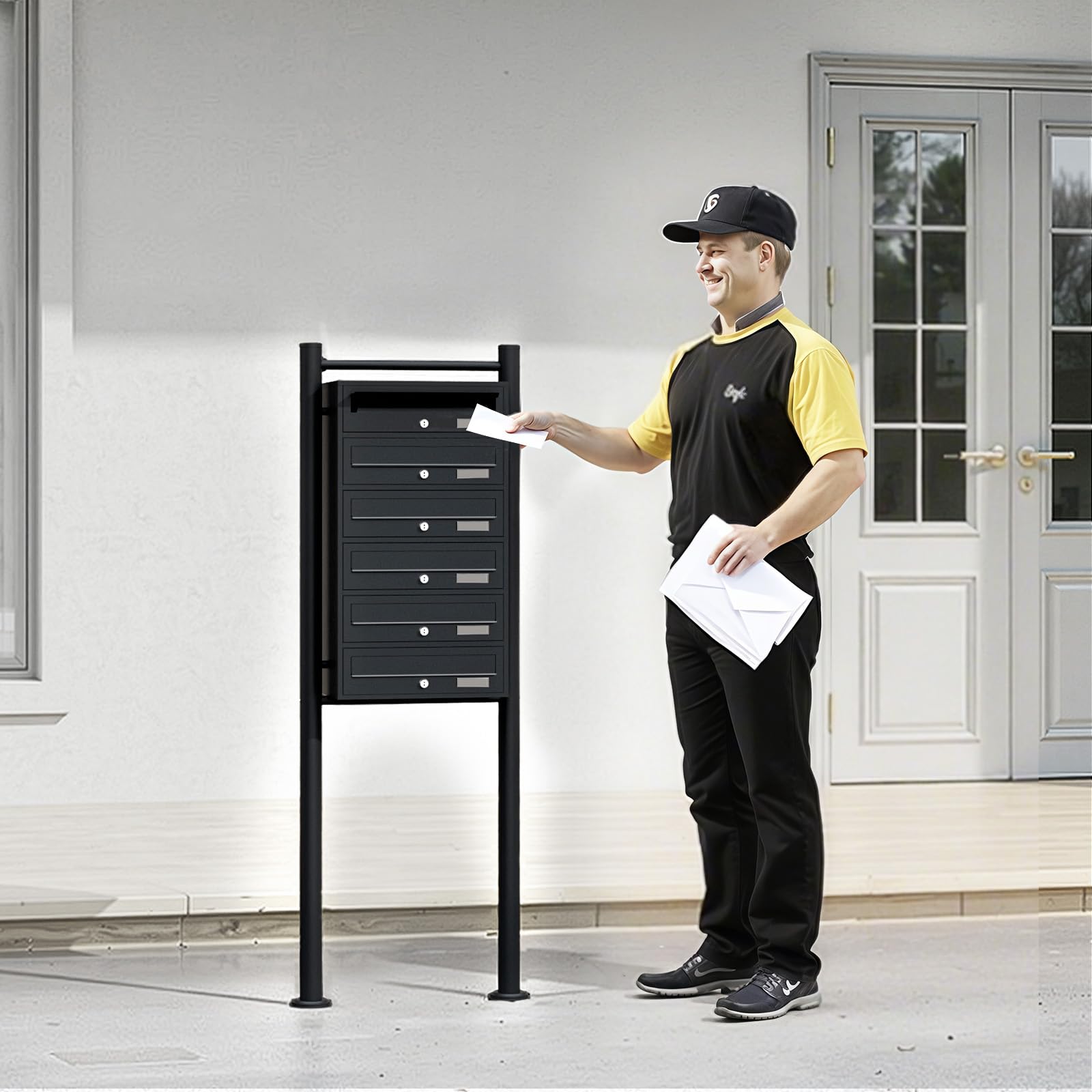 Wiltec Boîte aux Lettres sur Pieds Noire 556 x 270 x 1500 mm, avec 6 Compartiments verrouillables et Porte-nom, Revêtement en Poudre, pour Courrier