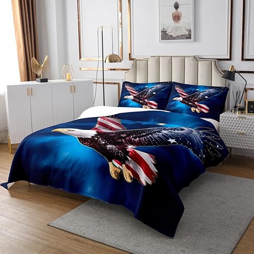 Vista 3 de Erosebridal Juego de colcha de águila calva con bandera estadounidense para niños, estrellas y rayas, animales de Estados Unidos, acolchado