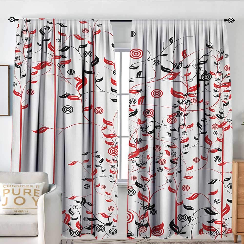 NUOMANAN Rod Pocket Curtains Floral,Romantic Abstract Flowers Ivy Swirls Image with Leaves in Nature Artwork,Red Black and White,for Room Darkening Panels for Living Room, Bedroom 72"x96"