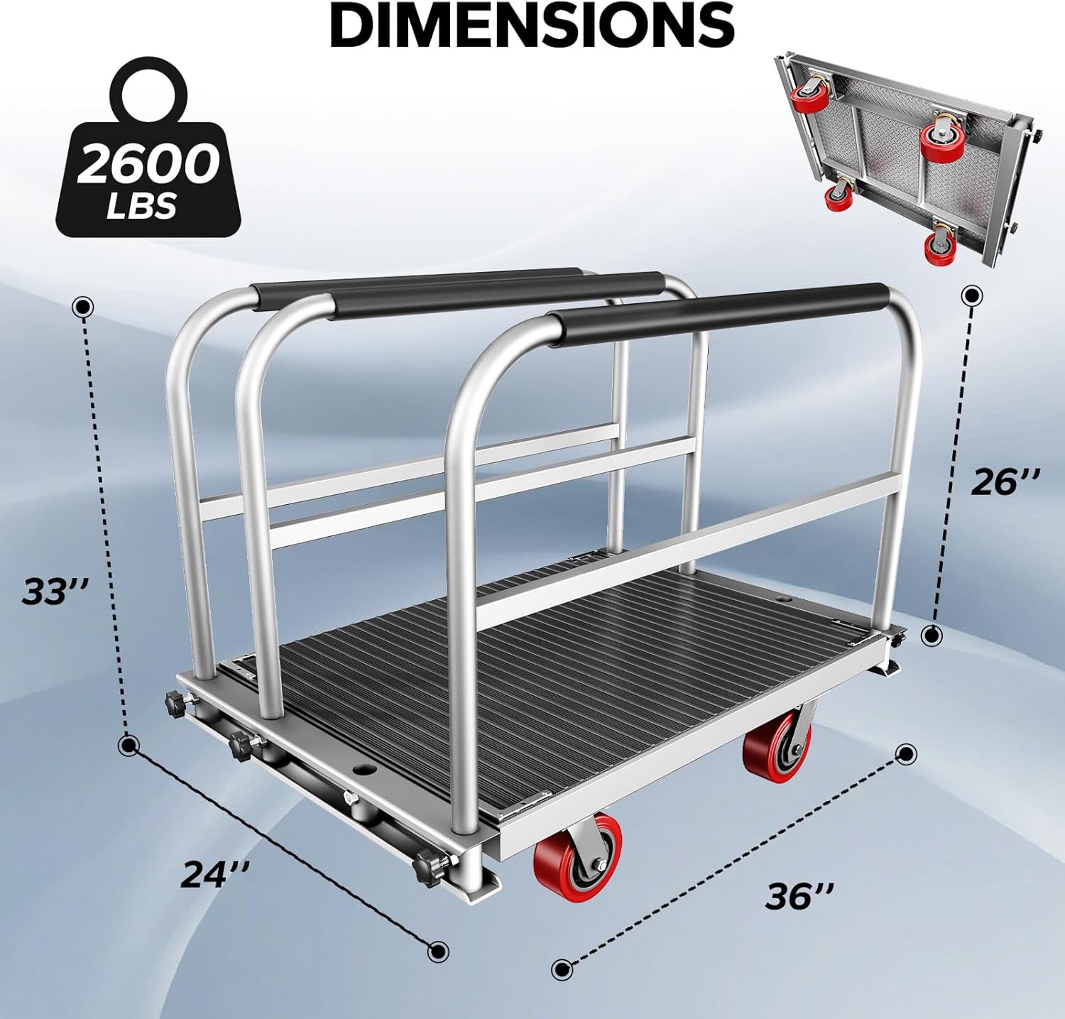 2IN1 Heavy Duty Panel Truck, 36" x 24" Platform Cart w/Rubber Mat & 3 Handrails, 2600 lbs Capacity Drywall & Lumber Cart, Flatbed Cart w/2 Swivel Casters, All-Steel Hand Truck Push Cart