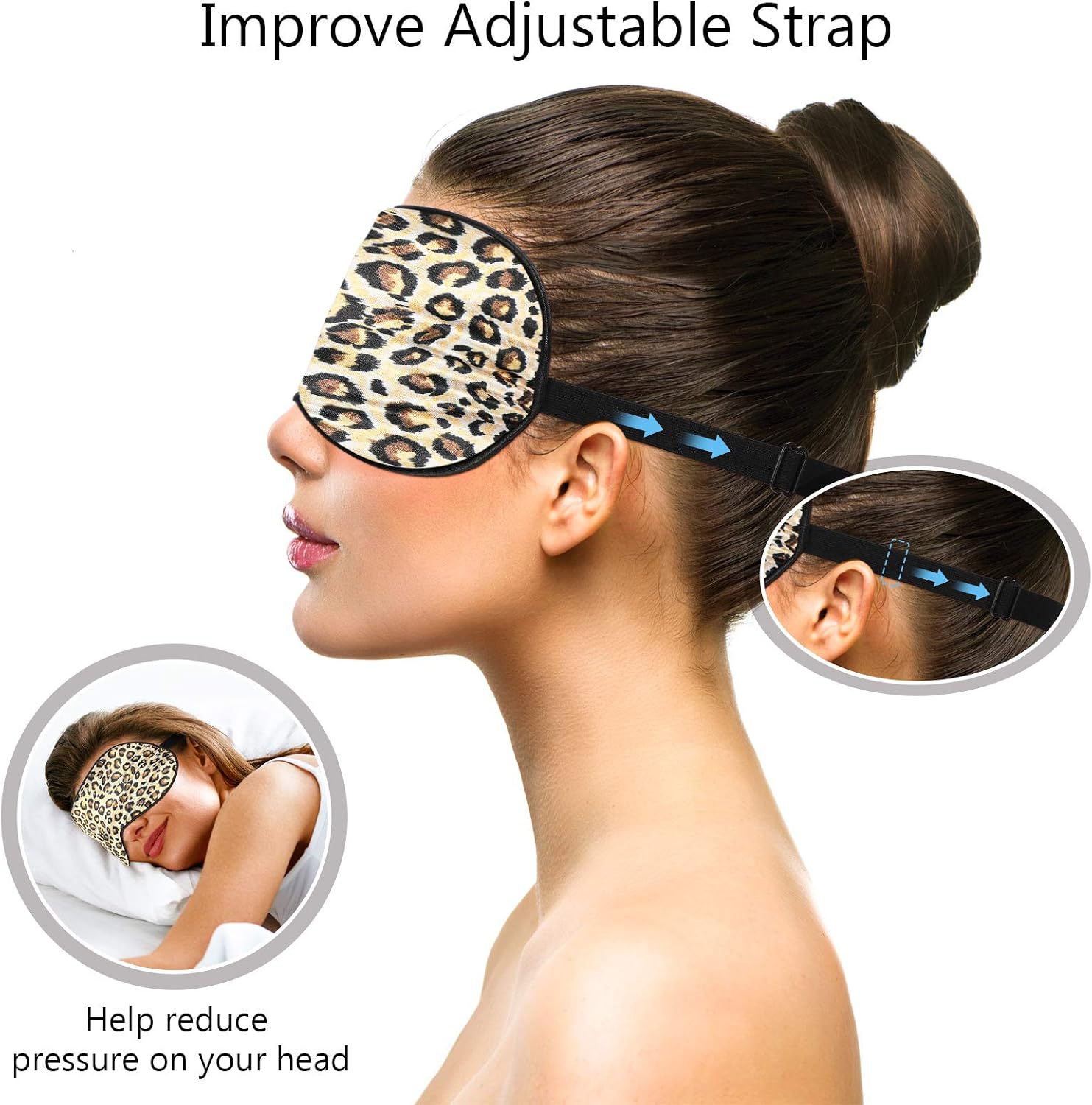 2 Pieces Silk Sleeping Mask with Adjustable Strap-Silk Eye Mask Soft Eye Cover Blindfold Eyeshade with Leopard Print, for Blocking Out Lights Sweet Sleep Travel Relax, Nap, Meditation (Black)