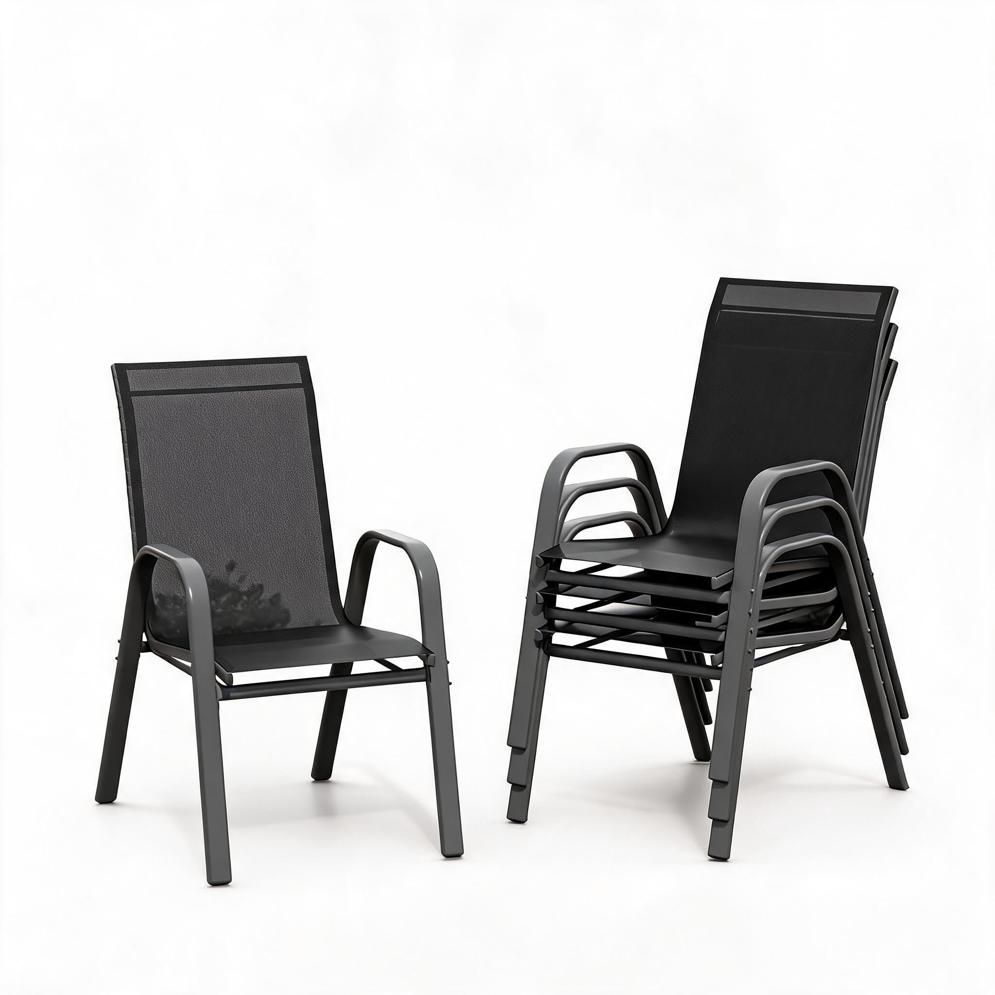 Gartenstühle Stapelbar Stapelstuhl, 4er Set Camping Stapelbar Hochlehner Terrassenstuhl Mit Textilene&Metallrahmen, Balkonstuhl Für Balkon, Garten Usw. 54x76x96cm(Schwarz)