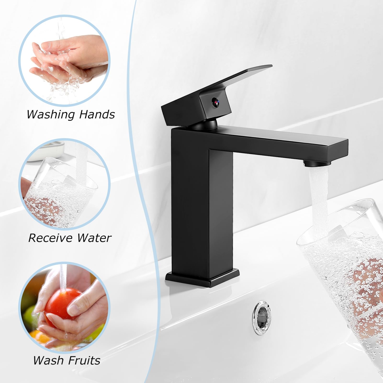 Basin Mixer Tap with Drain, Black Bathroom Sink Taps with Waste - Image 4