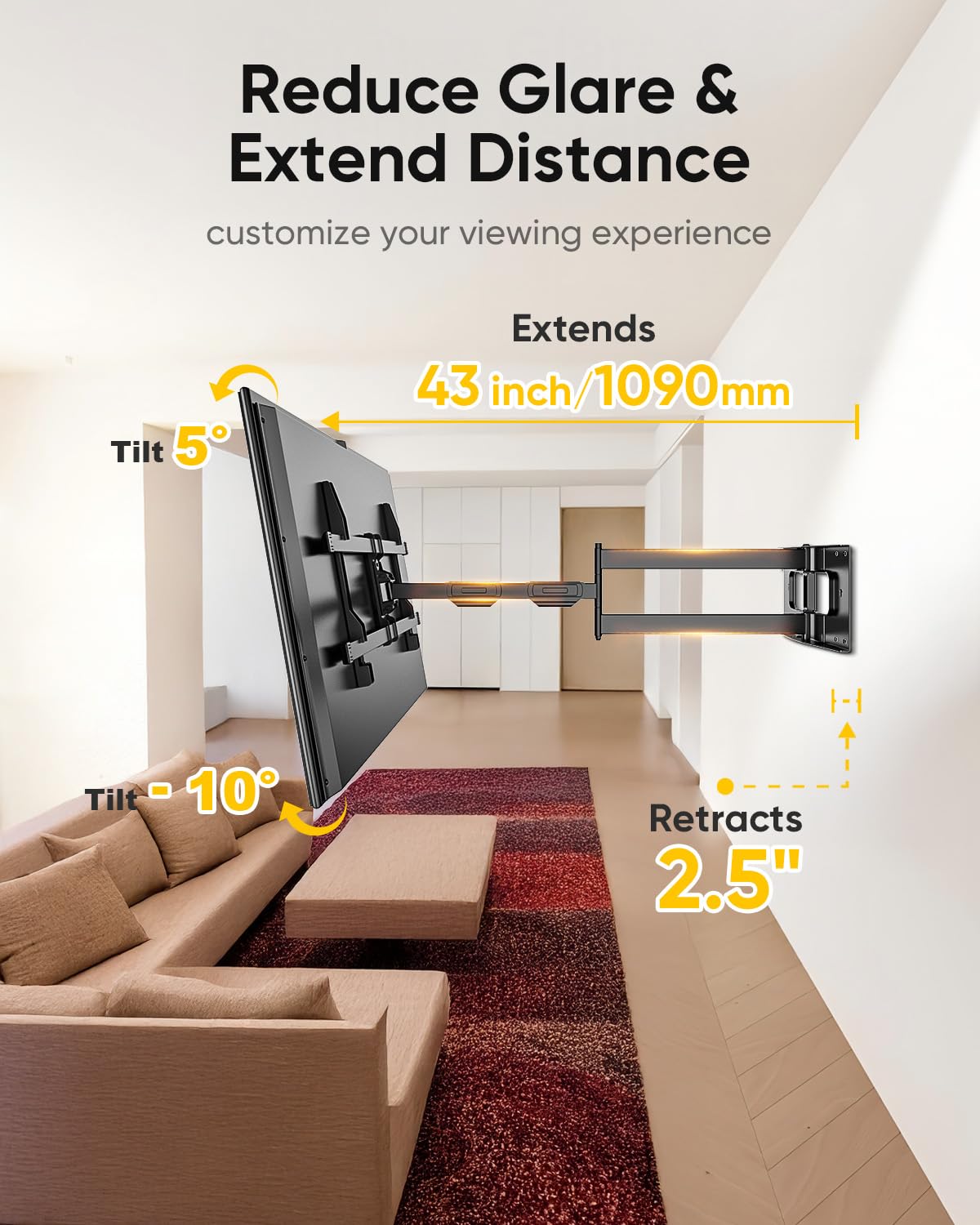 FORGING MOUNT Lange Reach 1090mm TV Muurbeugel Mount, Dubbele Articulerende Arm Full Motion Tilt & Swivel TV Muursteun voor 50-90 Inch Flat/Curve TV's, Max Belasting 75kg, VESA 600x400mm
