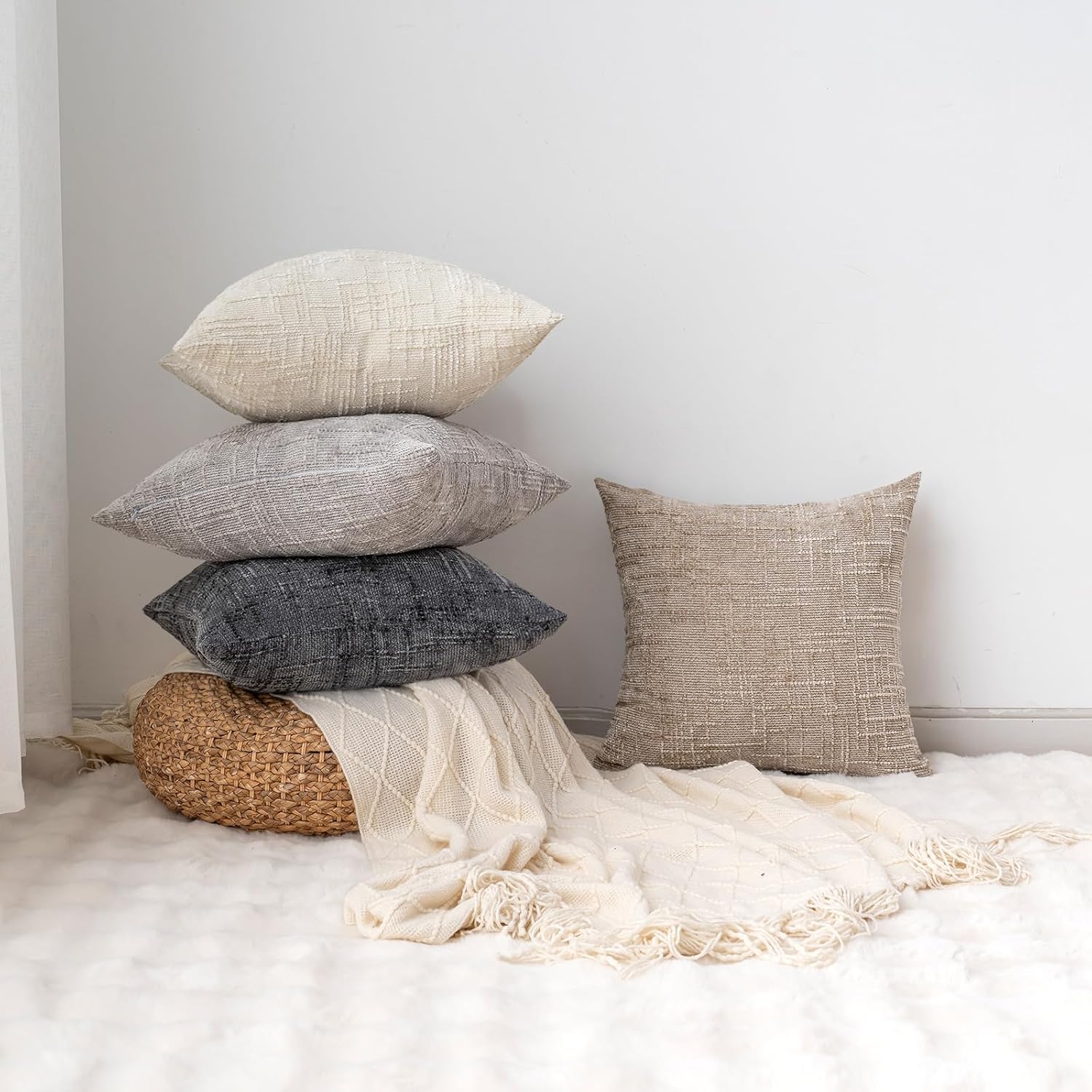 Decorative Throw Pillow Covers 20x20 Inch Set of 4, Soft Solid Farmhouse Chenille Couch Pillows, Spring Pillow Covers for Couch Sofa Bed Living Room Home Decor Pillowcase, Light Colors