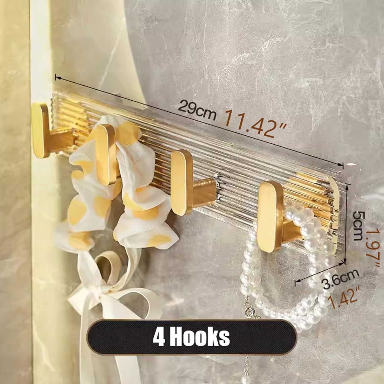 Hair Accessories Organizer Holder, Clear Acrylic Headband Holder Organizer with Gold Hooks，Wall Mount Jewelry Holder for Bracelets Watches Headbands Hair Ties(4 Hooks)