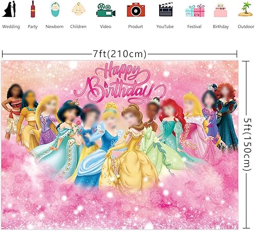 Miniatura 2 de Telón de fondo rosa de princesa para niñas 1 2 y feliz cumpleaños, fondo de princesa de cuento de hadas para decoración de fotografía, 7 x 5 pies