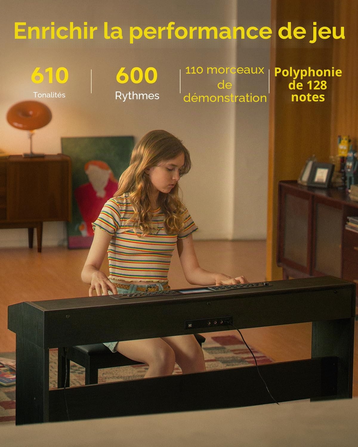 Donner DDP-95 Piano numérique pour débutants avec clavier lesté de 88 touches, piano de taille normale avec Bluetooth, enregistrement, écran LCD, 600 sonorités/rythmes, 3 modes d'apprentissage, noir