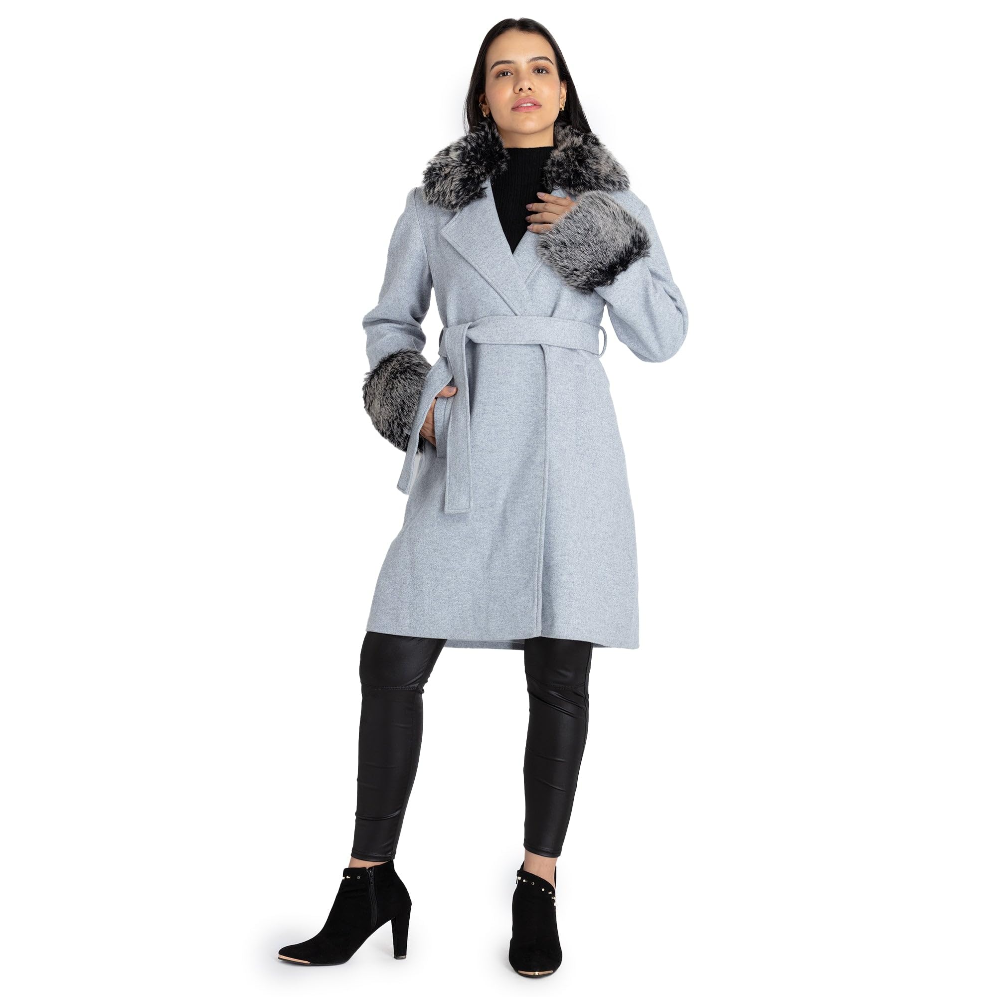 status quo Womens Solid Long Coat With Detachable Fur Collar-picture-11