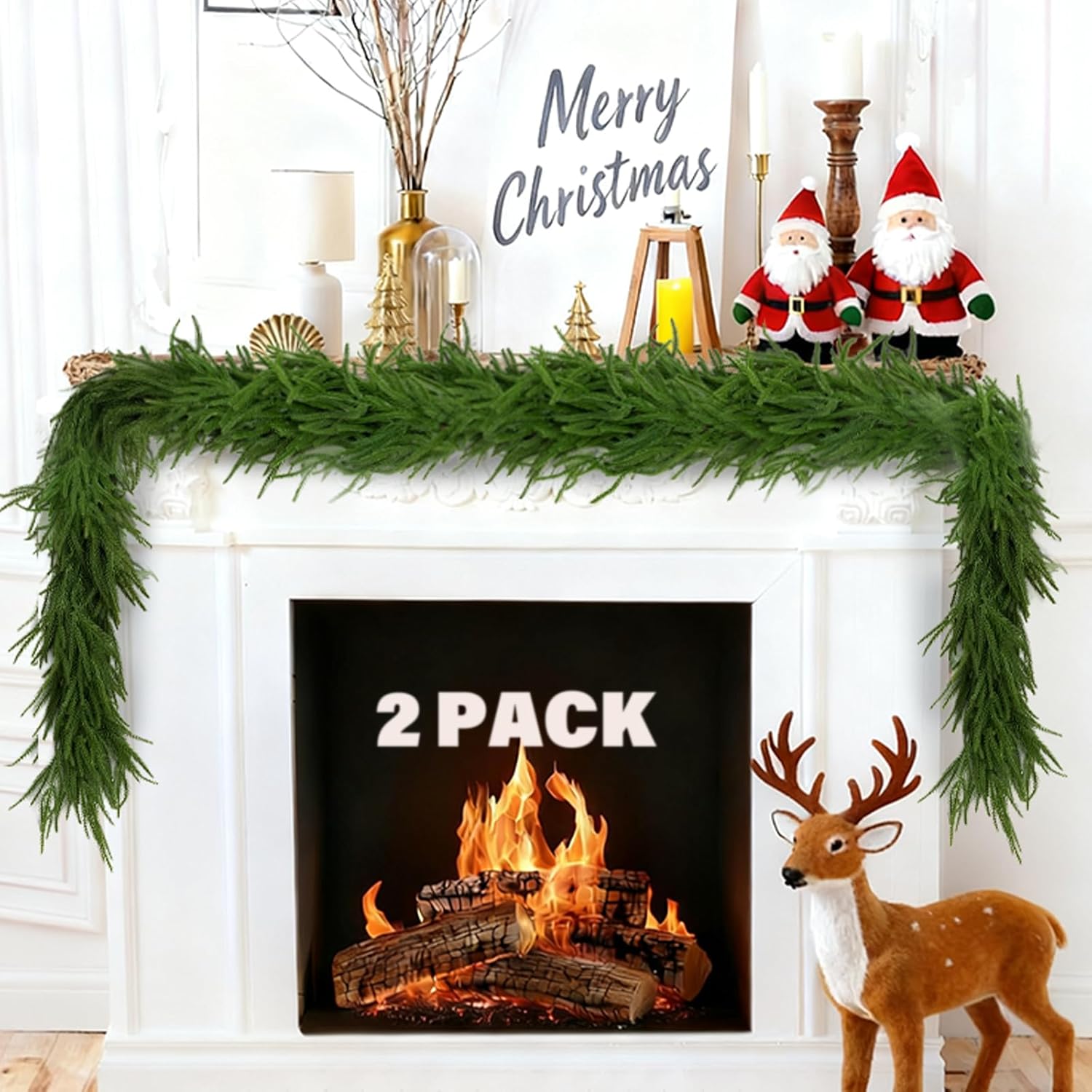 2-Pack 6FT Artificial Norfolk Pine Garlands, Hyperzoo Realistic Winter Pine Christmas Greenery Garland for Mantle, Staircase, Banister, Fireplace, Door, Table, Indoor & Outdoor Holiday Xmas Decortions 6FT/2pcs 2