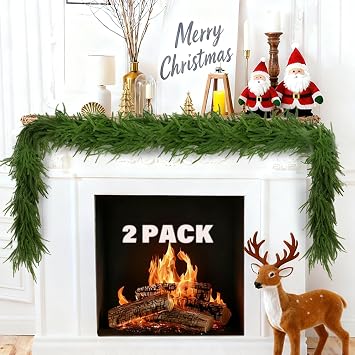 2-Pack 9FT Artificial Norfolk Pine Garlands, Hyperzoo Realistic Winter Pine Christmas Greenery Garland for Mantle, Staircase, Banister, Fireplace, Door, Table, Indoor & Outdoor Holiday Xmas Decortions