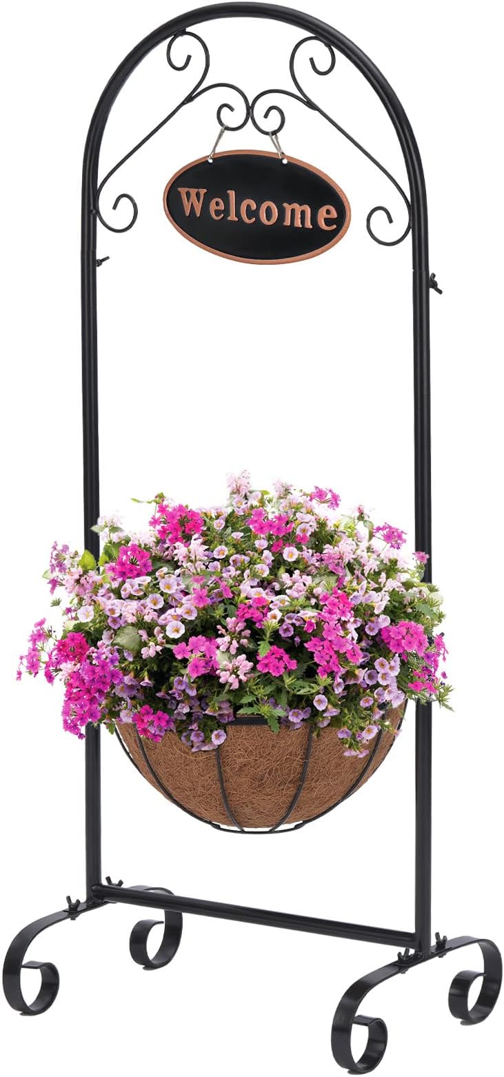 Metal Welcome Planter Basket Stand with Coco Liner, 39.5” Hanging Planter Stand with Decorative Welcome Sign Outdoor Decor for Garden, Patio, Deck, Entry and Front Porch