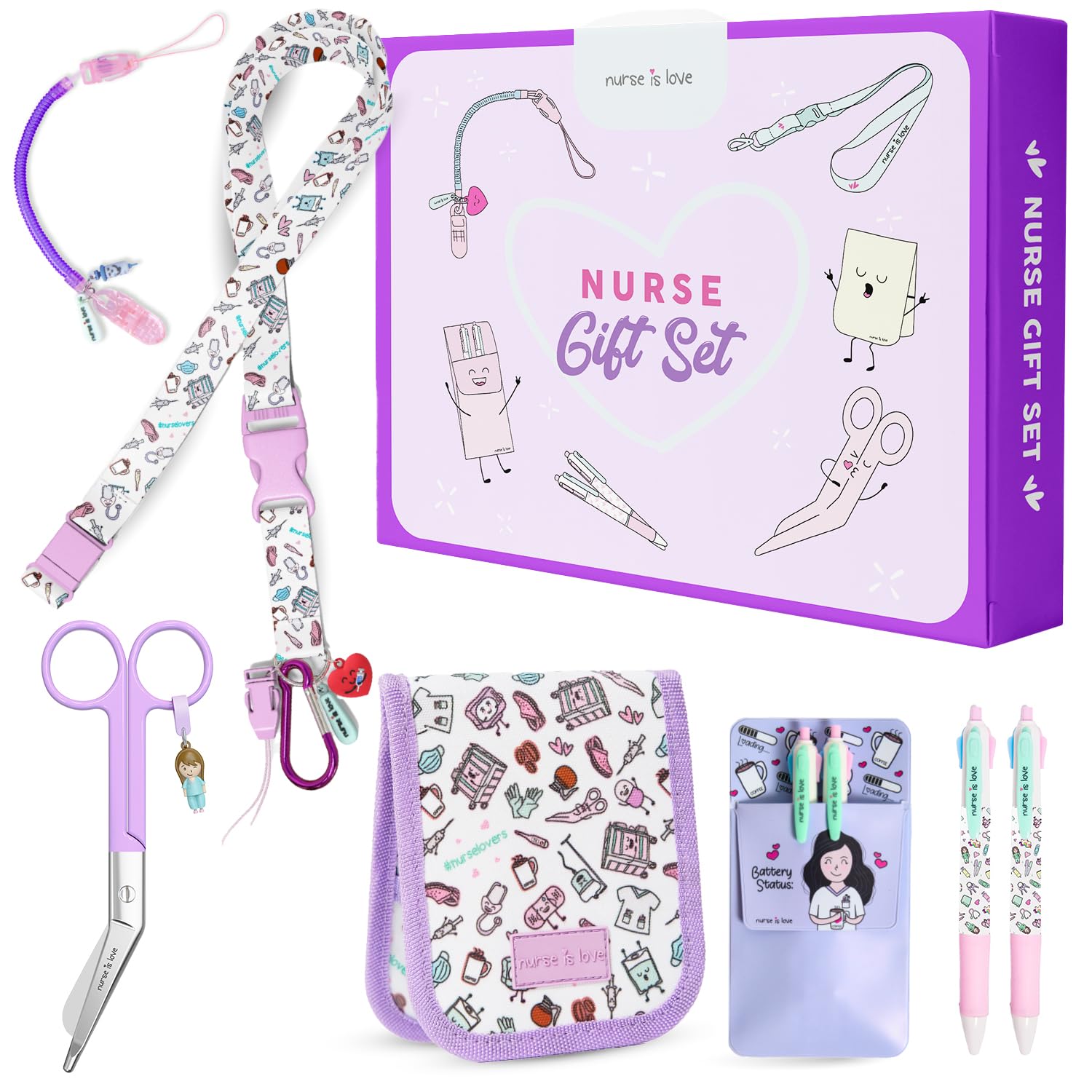 Nurse is Love Set 5 Pzas. Regalos Enfermera Original Y TCAE | Tijeras Enfermeria + Salva bolsillos Enfermeria + Bolígrafos 4 Tintas + Organizador De Bolsillo + Lanyard + Porta Tijeras | Accesorios