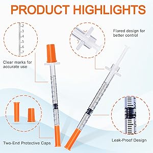 U-100 Syringes with Needle,1ml syringe 29G 1/2"(12.7mm), Individually Wrapped, Pack of 25