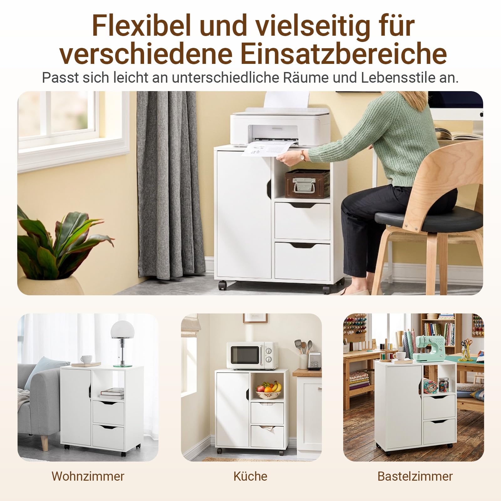 SoBuy Rollcontainer mit 2 Schubladen und 1 Tür Druckertisch mit Rollen Schreibtisch Unterschrank Rollcontainer Büromöbel Weiß 60×70×35 cm FBT105-W
