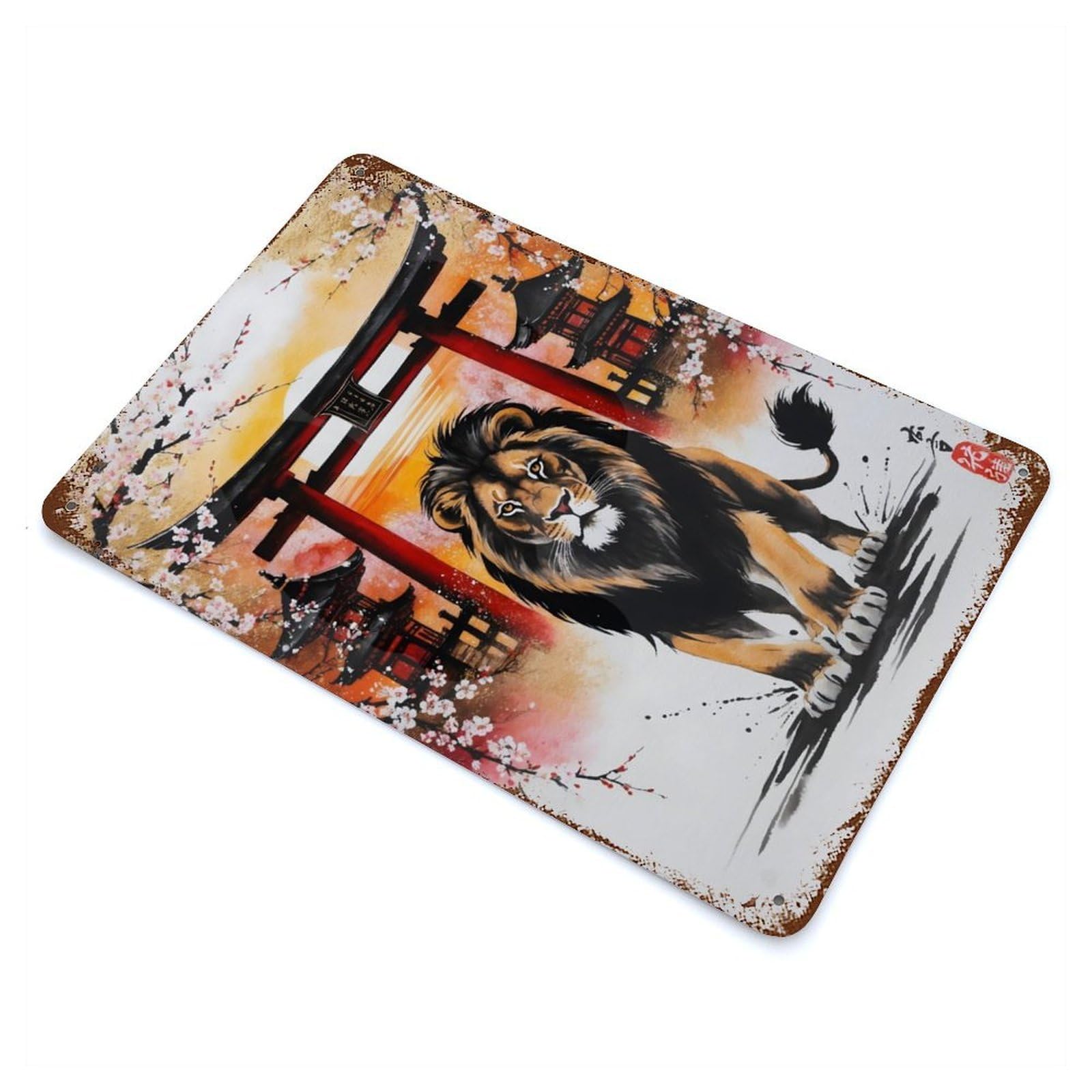Rust Effect Lion Japan Painting Weathered Tin Sign 11.8"x7.9", Classic Wall Plaque for Living Room, Hallway And Home Decor