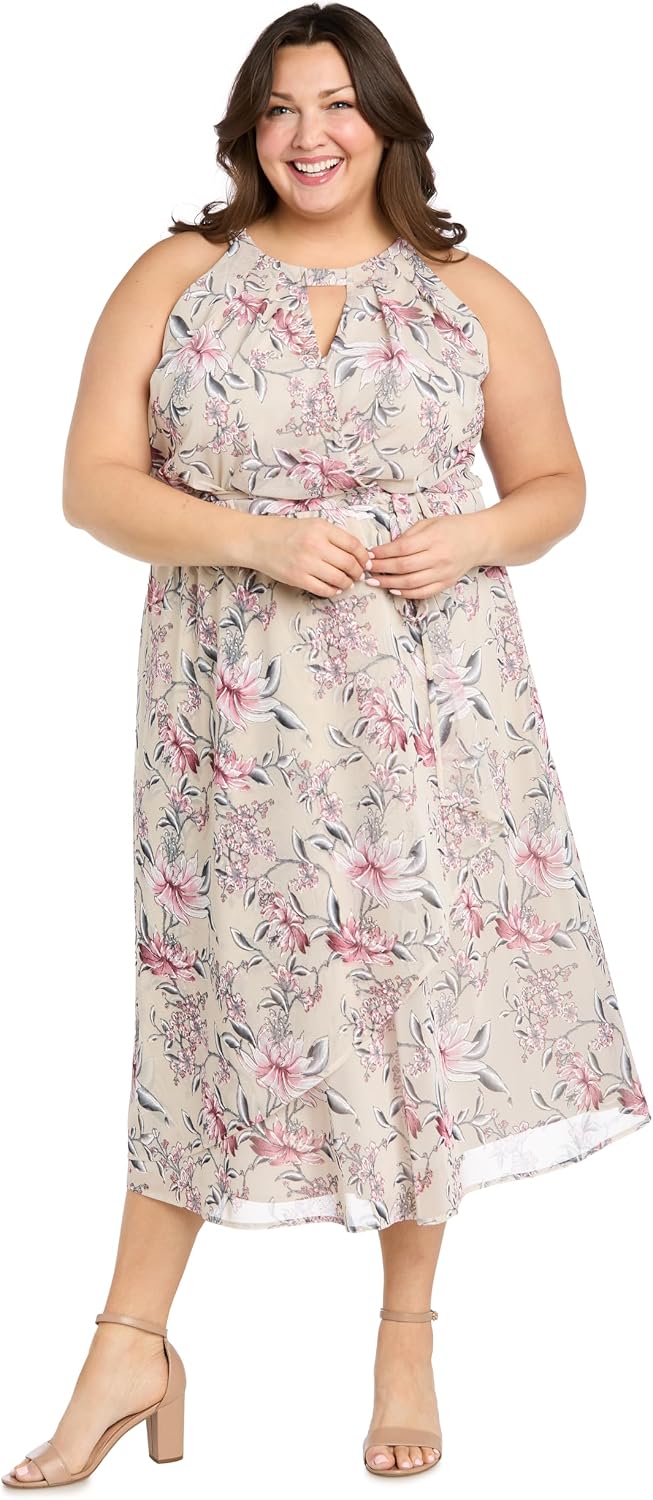 Elegant Halter Neck Floral Chiffon Midi Dress
