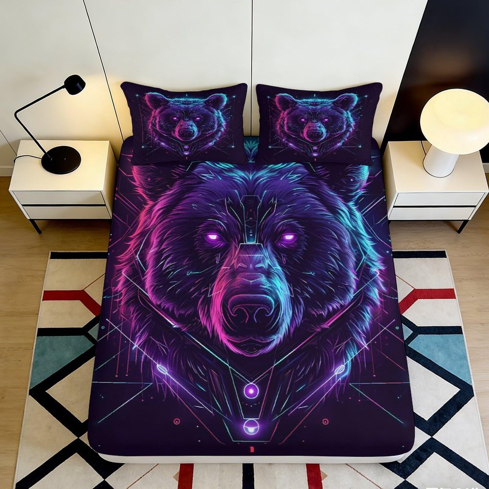 3D Printed Neon Bear Fitted Sheet Microfiber Soft Breathable Geometric Mattress Cover for Bedroom Dorm Decor 90x200x25cm