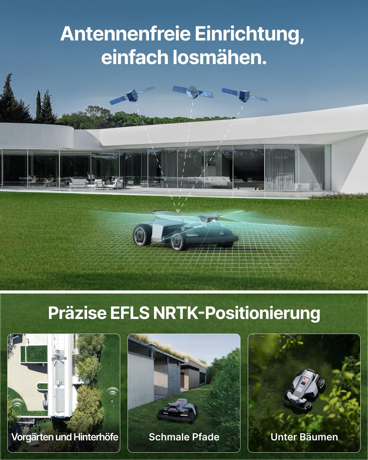 Segway Navimow X420 Mähroboter ohne Begrenzungskabel mit Garage X (separater Versand) für 2000 ㎡, Zero-Turn AWD für 84% Steigungen, NRTK+360° Vision+VIO, Keine RTK-Basisstation, 25-95 mm Schnitthöhe
