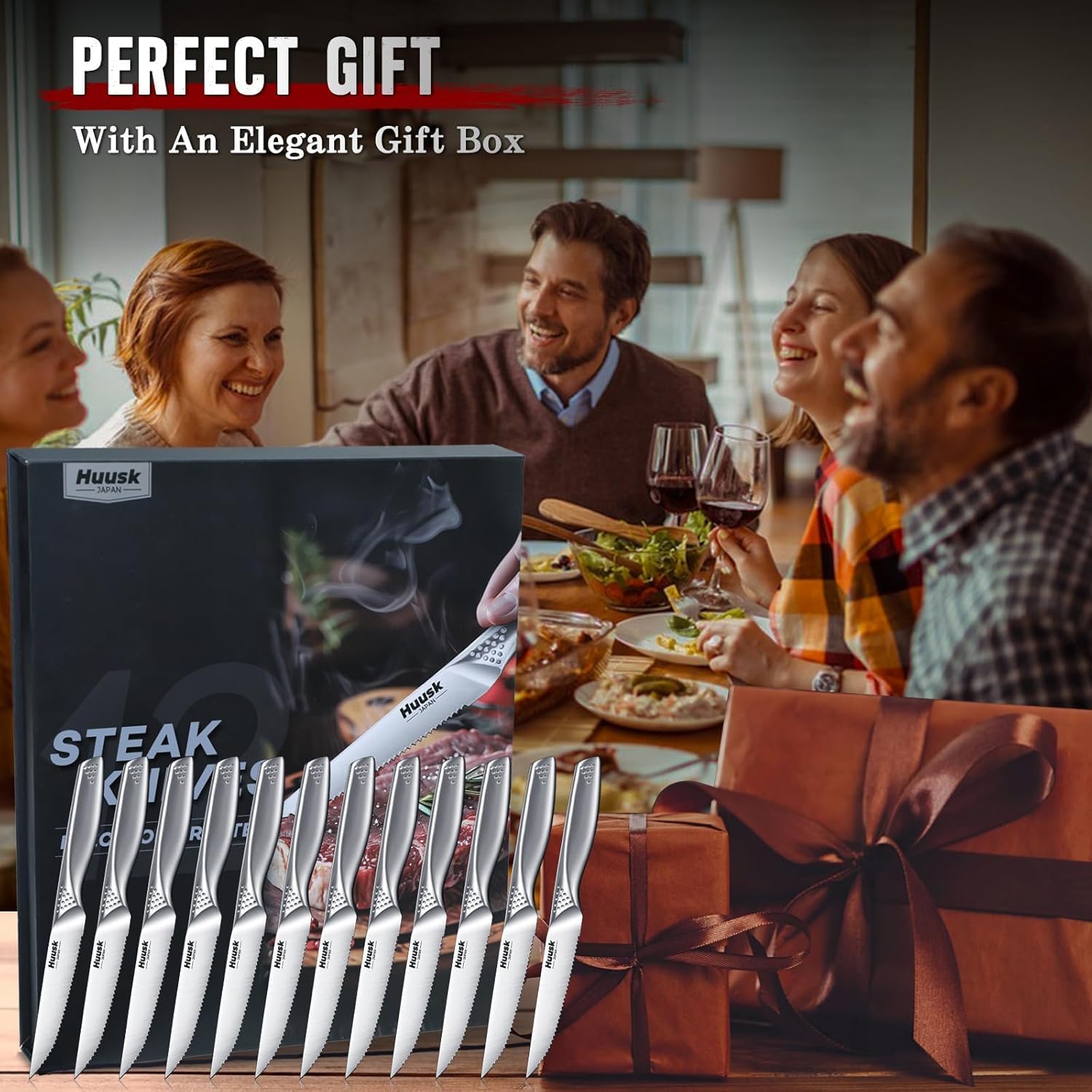 Huusk Serrated Steak Knives Set, 4.5" Japanese Stainless Steel Steak Knives Set of 12, Sharp Dishwasher Safe Dinner Knife for Kitchen Table, Christmas Gifts for Men Women