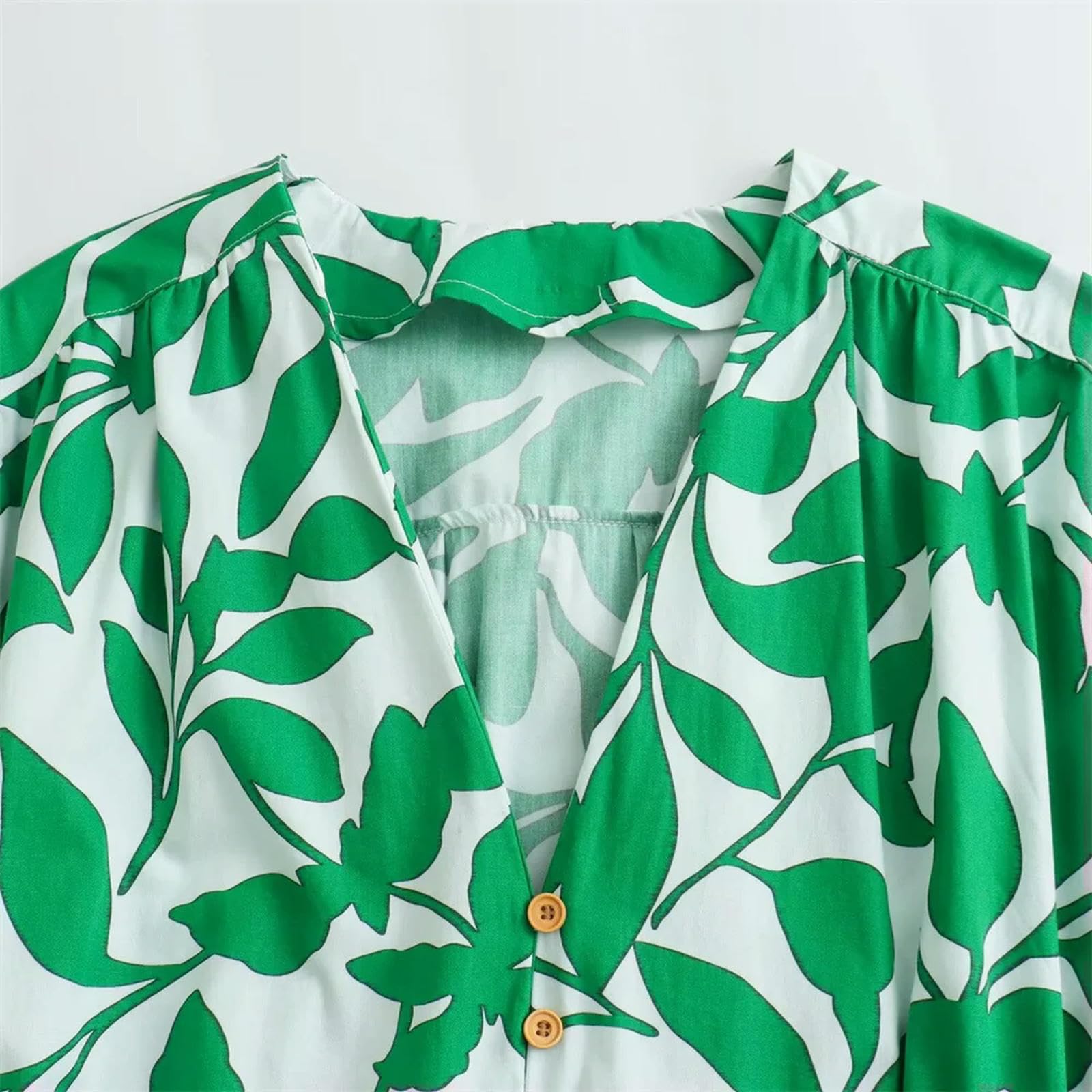 Primavera/Verano Nuevas Mujeres con Cuello en V Manga Corta Botón Decoración con Cinturón, Vestido Largo, Vestido Estampado-Verde-M