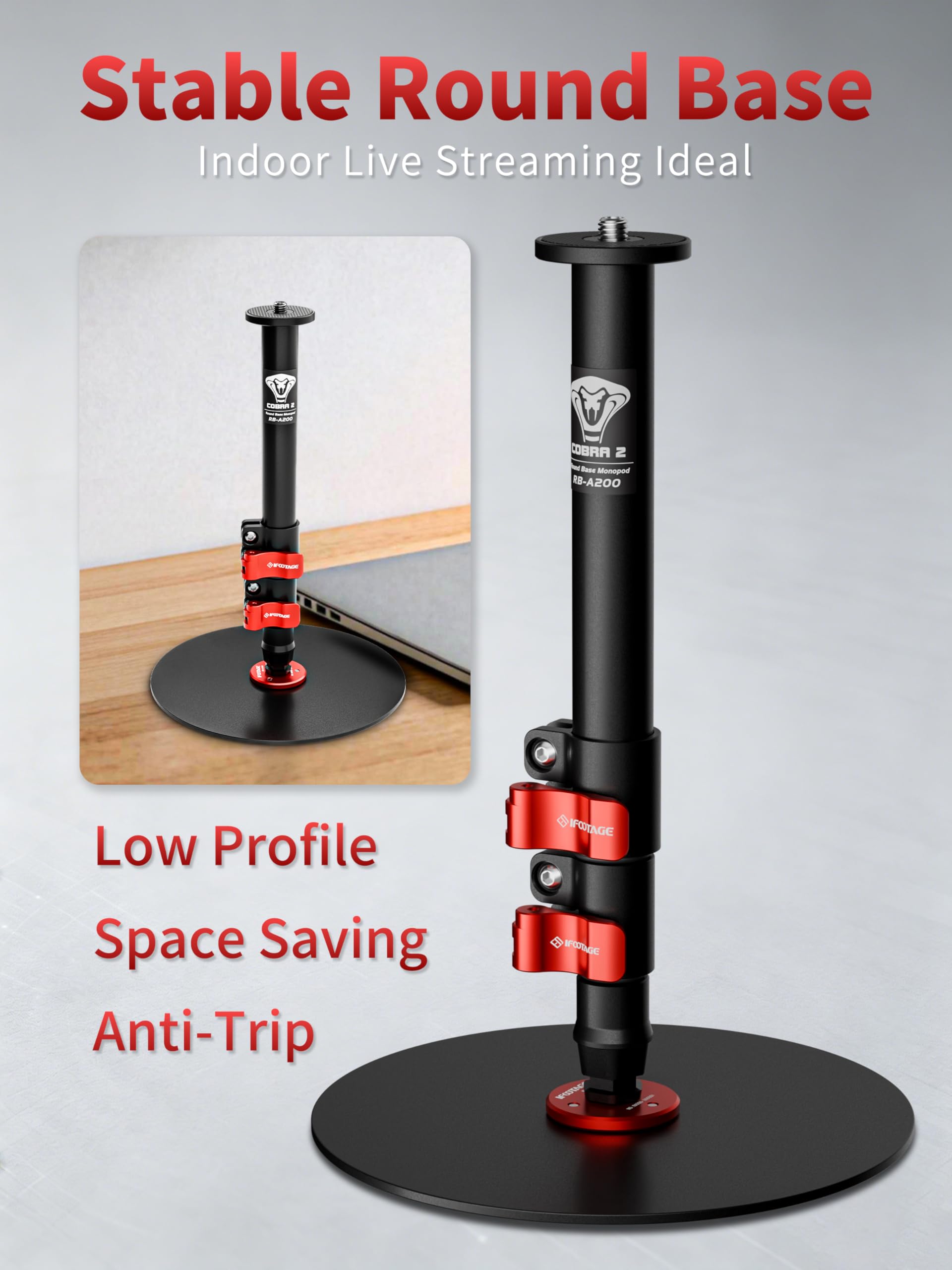 IFOOTAGE Cobra RB-A200 Monopod de Base Redonda, Monopié de Aluminio para Cámara Profesional con Hebilla de Altura de Ajuste Rápido, Adecuado para Disparar Vlog de Escritorio