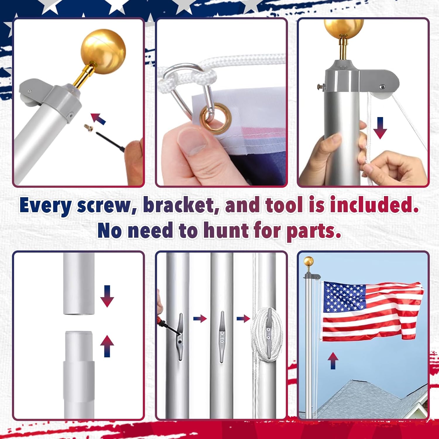 20FT Heavy Duty Flagpole Kit - 2 Inch Diameter Aluminum Flag Pole, 1.5mm Thick Wall, Complete Set with Polyester Flag & Ground Sleeve, for Yard, House, Commercial Outdoor Use - Image 3