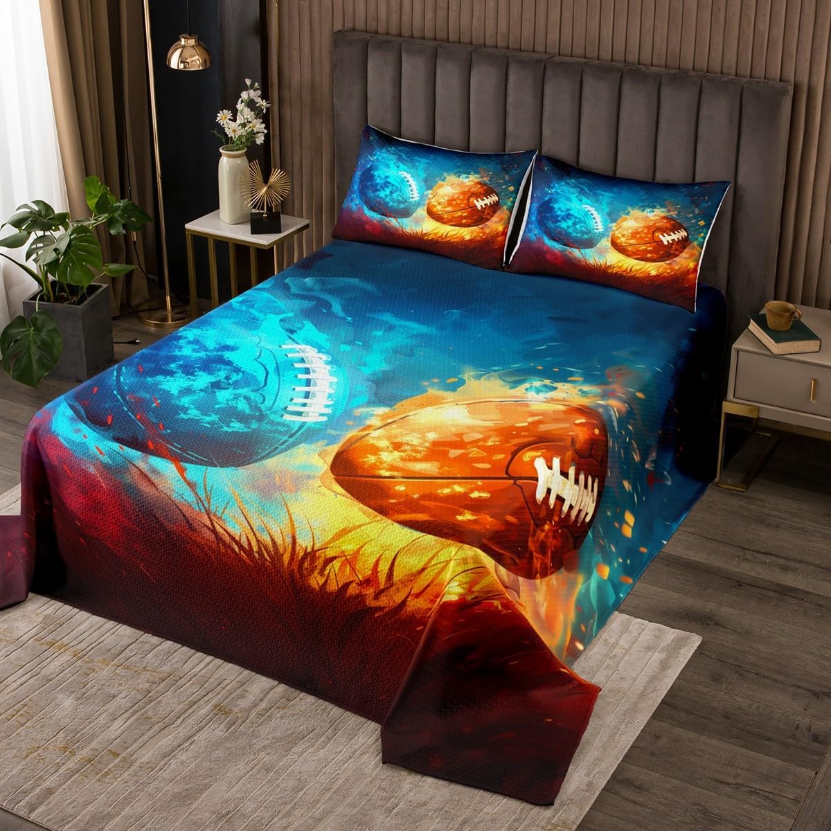 Feelyou Rugby Coverlet Set Rugby Bedspread for Kids Boys Soccer Sports Games Bedspread Blue Orange Fire Rugby Quilted Bedroom Collection 2Pcs Twin Size