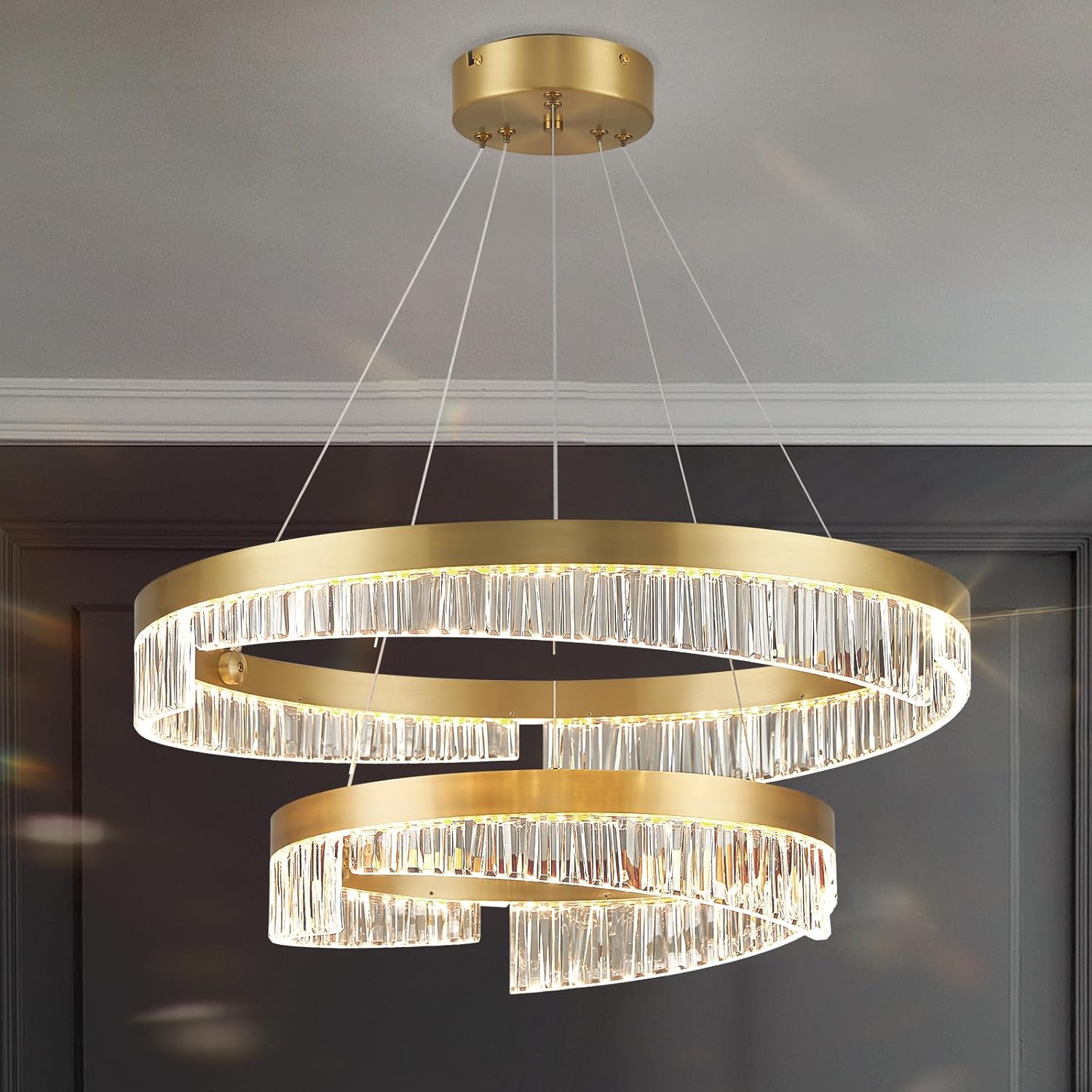 Modern LED Chandelier 2 Ring Gold Penndant Light Fixture for Dining Room Dimmable Flush Mount Chandelier with Remote Control for Living Room Bedroom Foyer