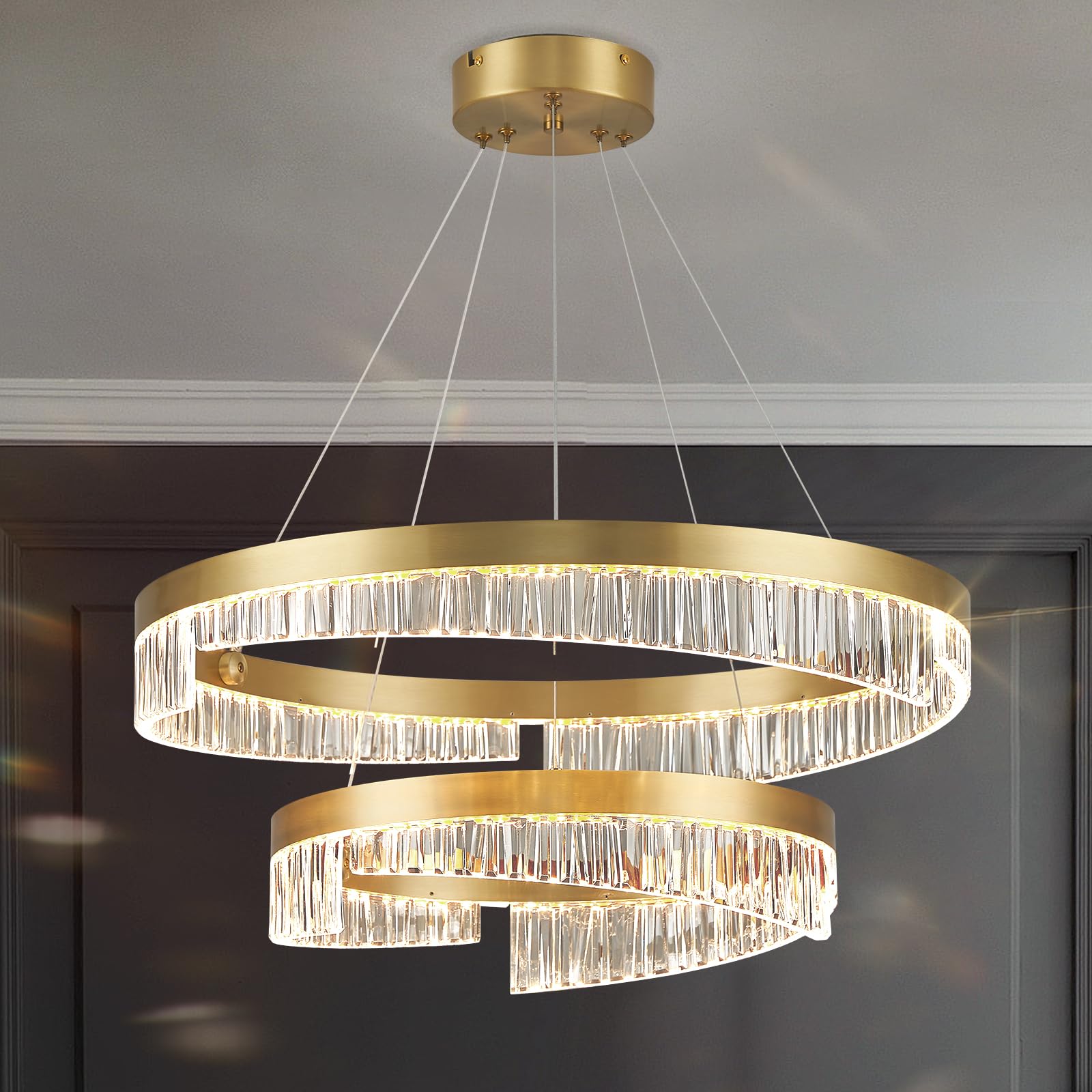 modern led chandelier 2 ring gold penndant light fixture for dining room dimmable flush mount chandelier with remote control for living room bedroom foyer