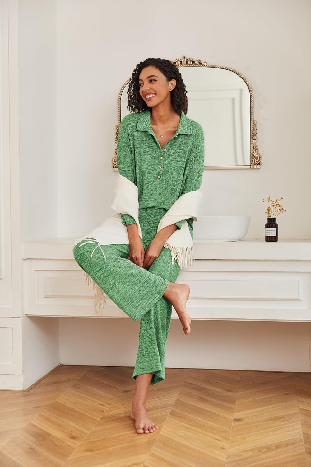 Ekouaer Women's Pajamas Set 2 Piece Knit Long Sleeve Button Down Sleepwear Soft Pjs Lounge Sets S-XXL - Image 4