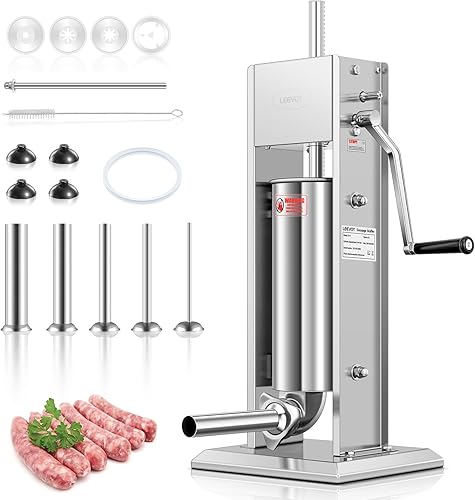 Vista 10 de Embutidor manual de 7LBS/3L, kit profesional de acero inoxidable para hacer y rellenar salchichas con 2 velocidades, 5 tubos de relleno, embutidores
