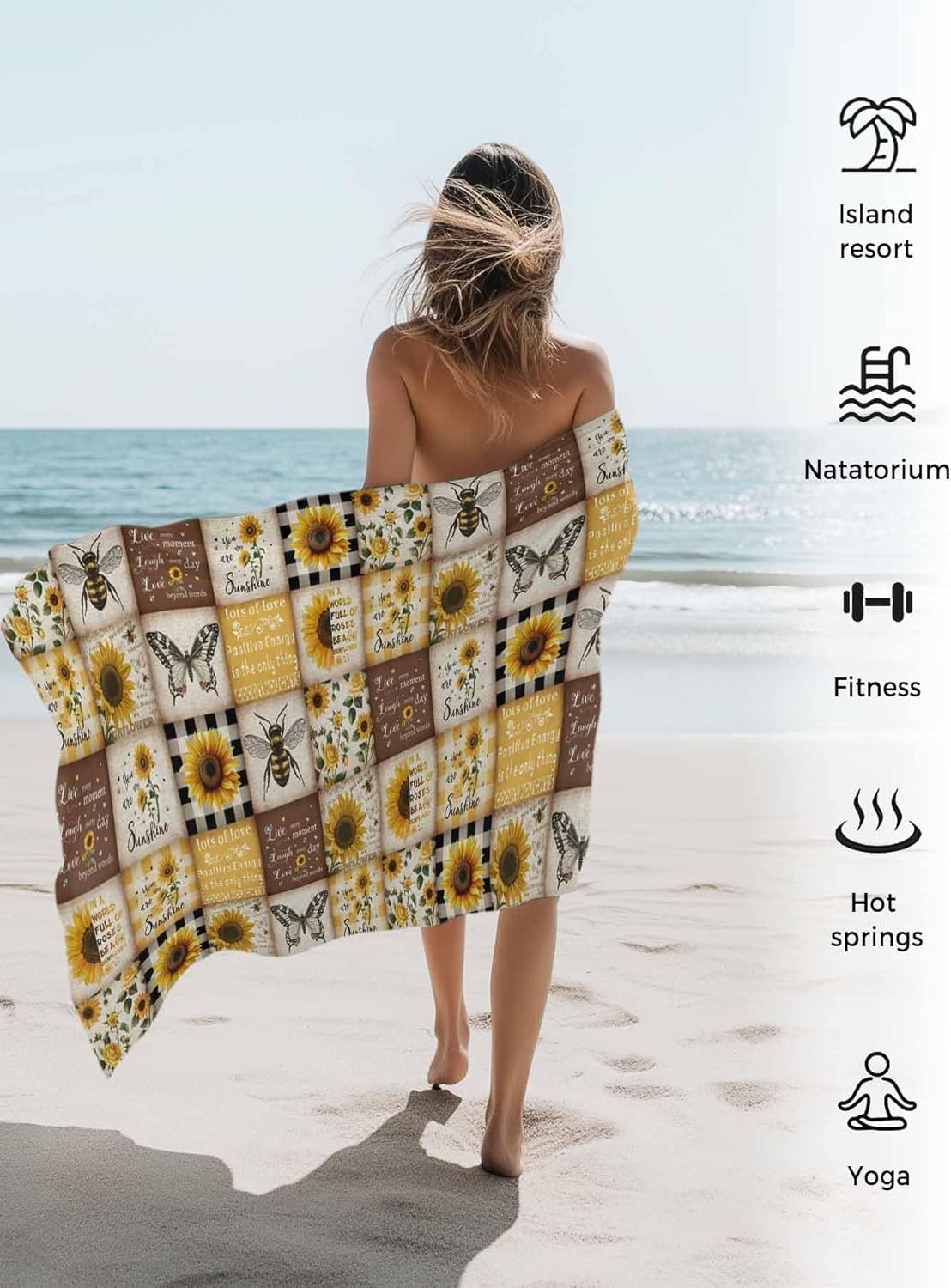 Teamery Beach Towel, Honey Bee Decor Sunflower Beach Towel, Bath Towels Soft Absorbant Bathroom Towels, 36x72in Towels for Bathroom, Beach Accessories Beach Blanket