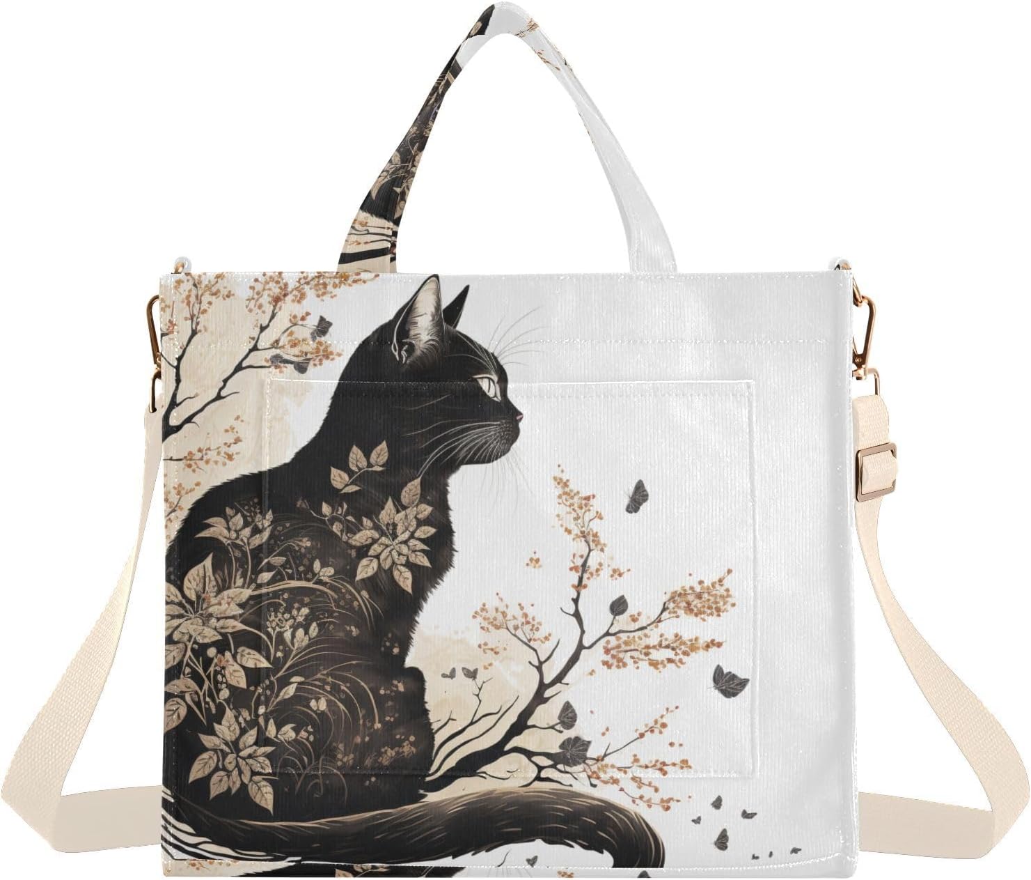 Vnurnrn Art Floral Cat Corduroy Tote Bag for Women, Handbag Purse with Detachable Strap