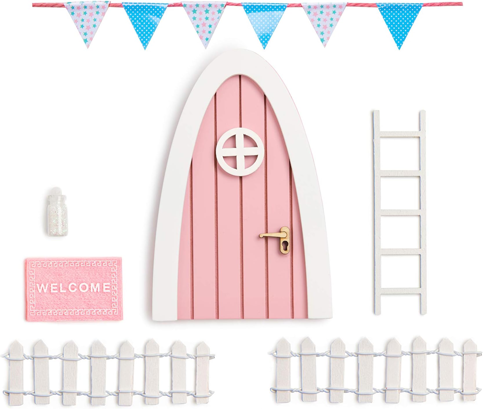 Magical Fairy Door Set for Kids Bedroom Wall/Skirting Board Ornament-Pretty Pink Arched Tiny Fairy Door with Flag,Ladder,Fence Decorations-Wooden Miniature Door